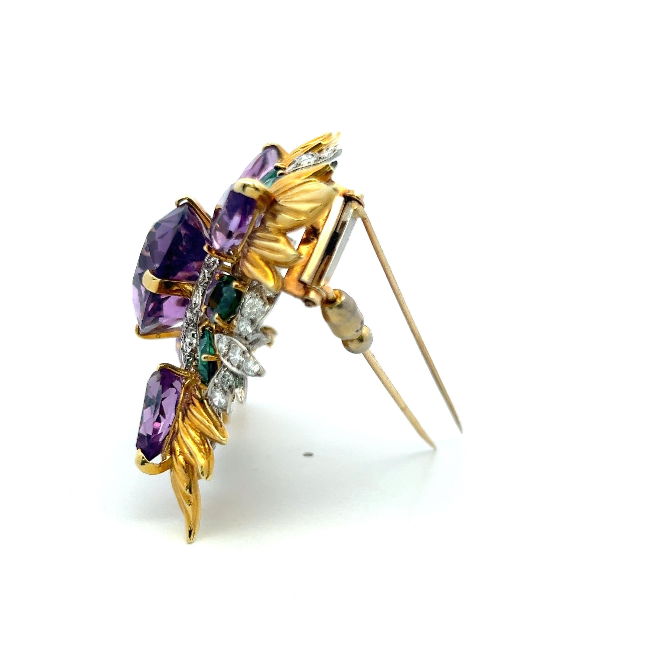 Montclair 18K YG Pin Brooch with 3.4ct Diamonds 29ct Amethysts & 8ct Tourmaline