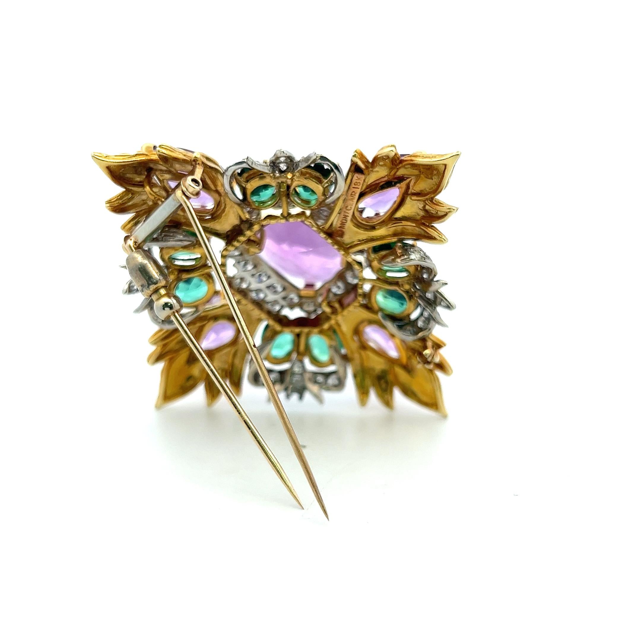 Montclair 18K YG Pin Brooch with 3.4ct Diamonds 29ct Amethysts & 8ct Tourmaline