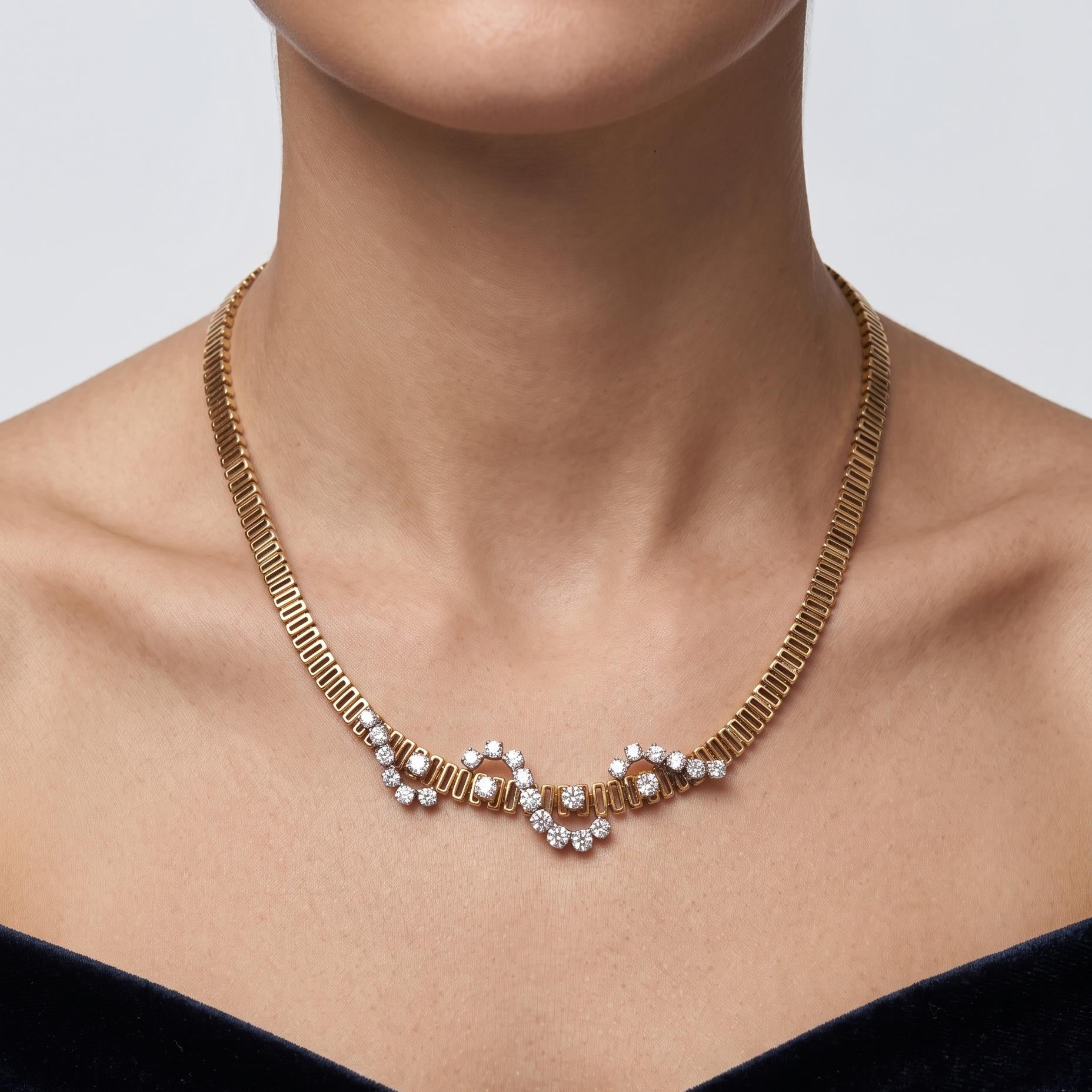 Vintage 18K Yellow Gold Collar Necklace with 3 Carat Round H VS Diamonds