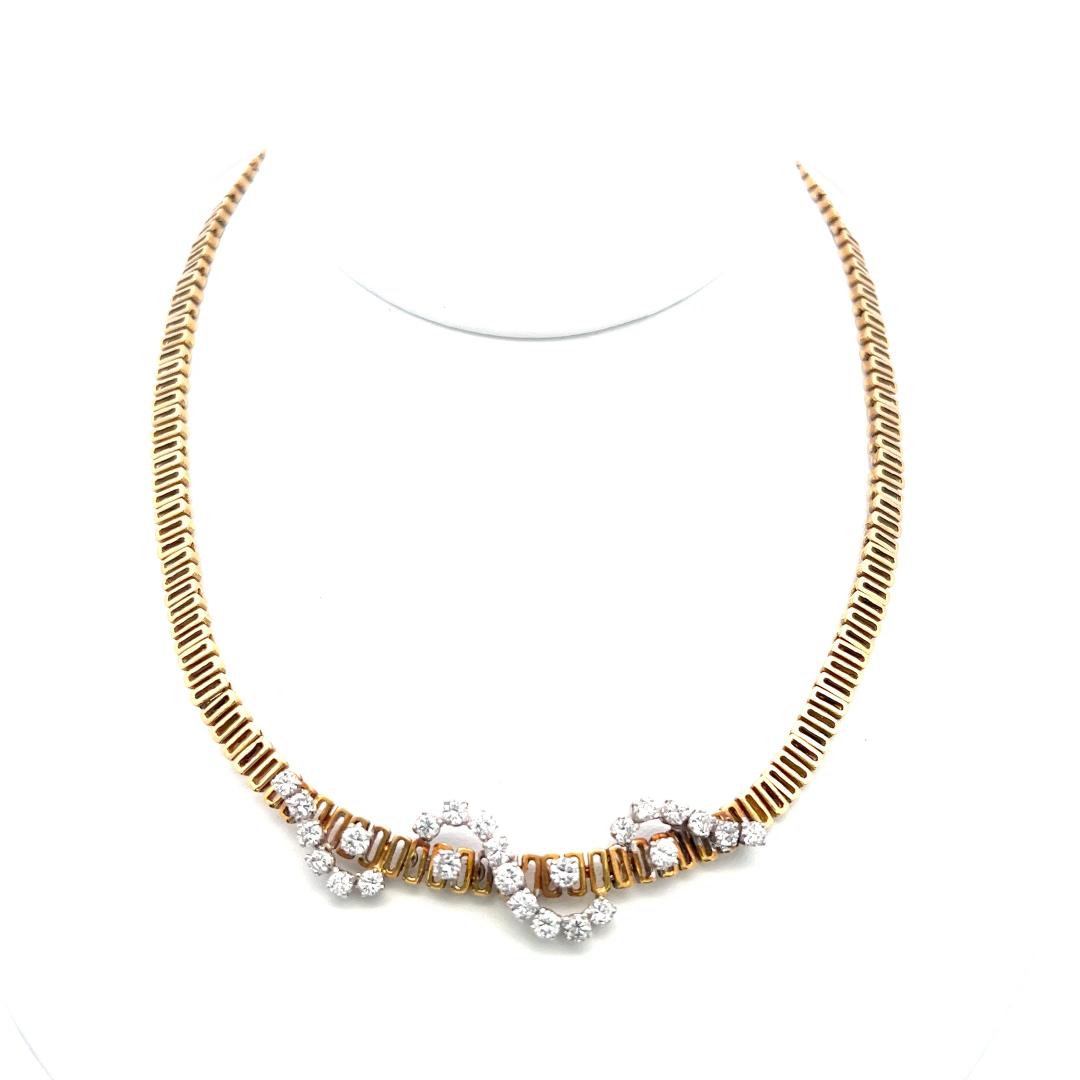Vintage 18K Yellow Gold Collar Necklace with 3 Carat Round H VS Diamonds