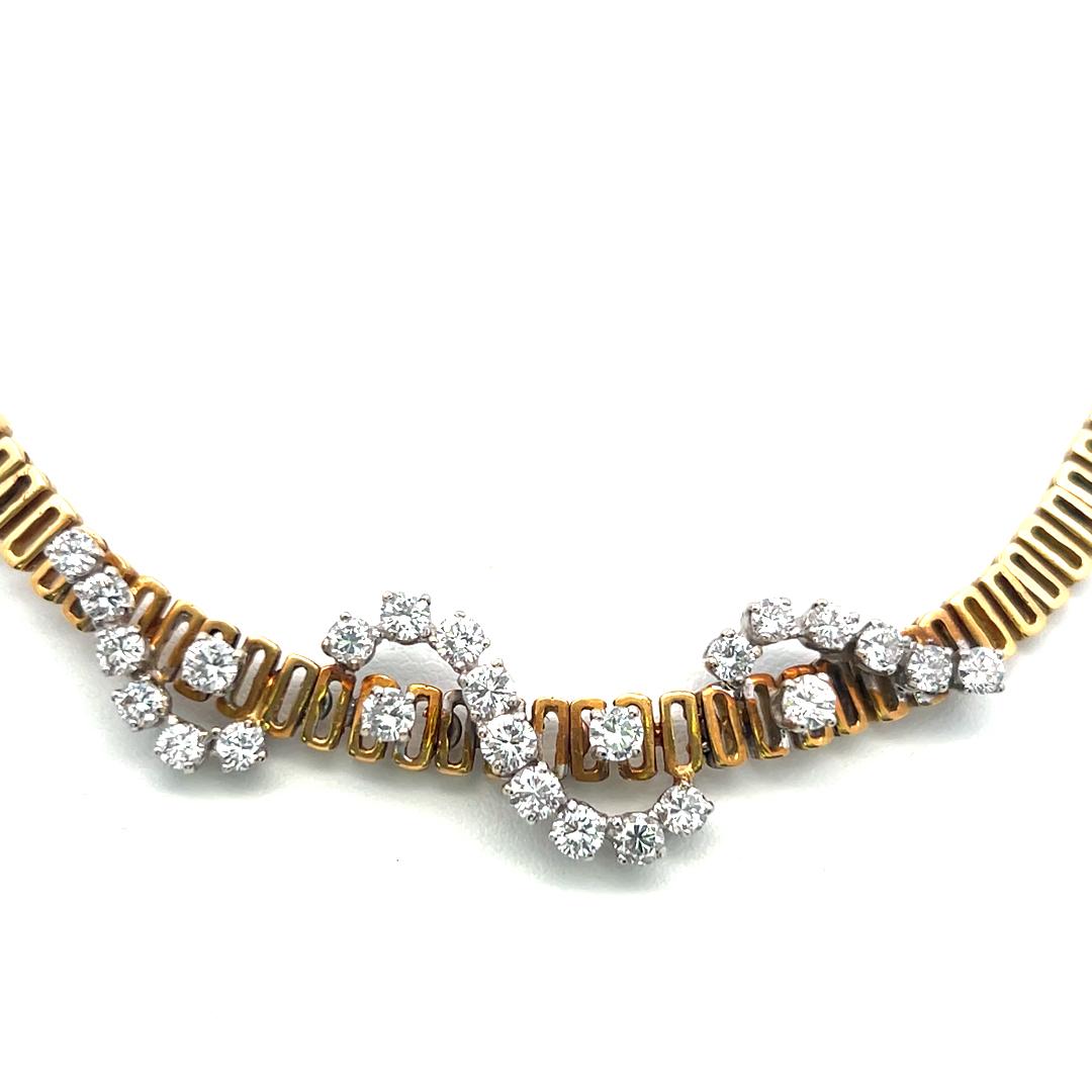 Vintage 18K Yellow Gold Collar Necklace with 3 Carat Round H VS Diamonds
