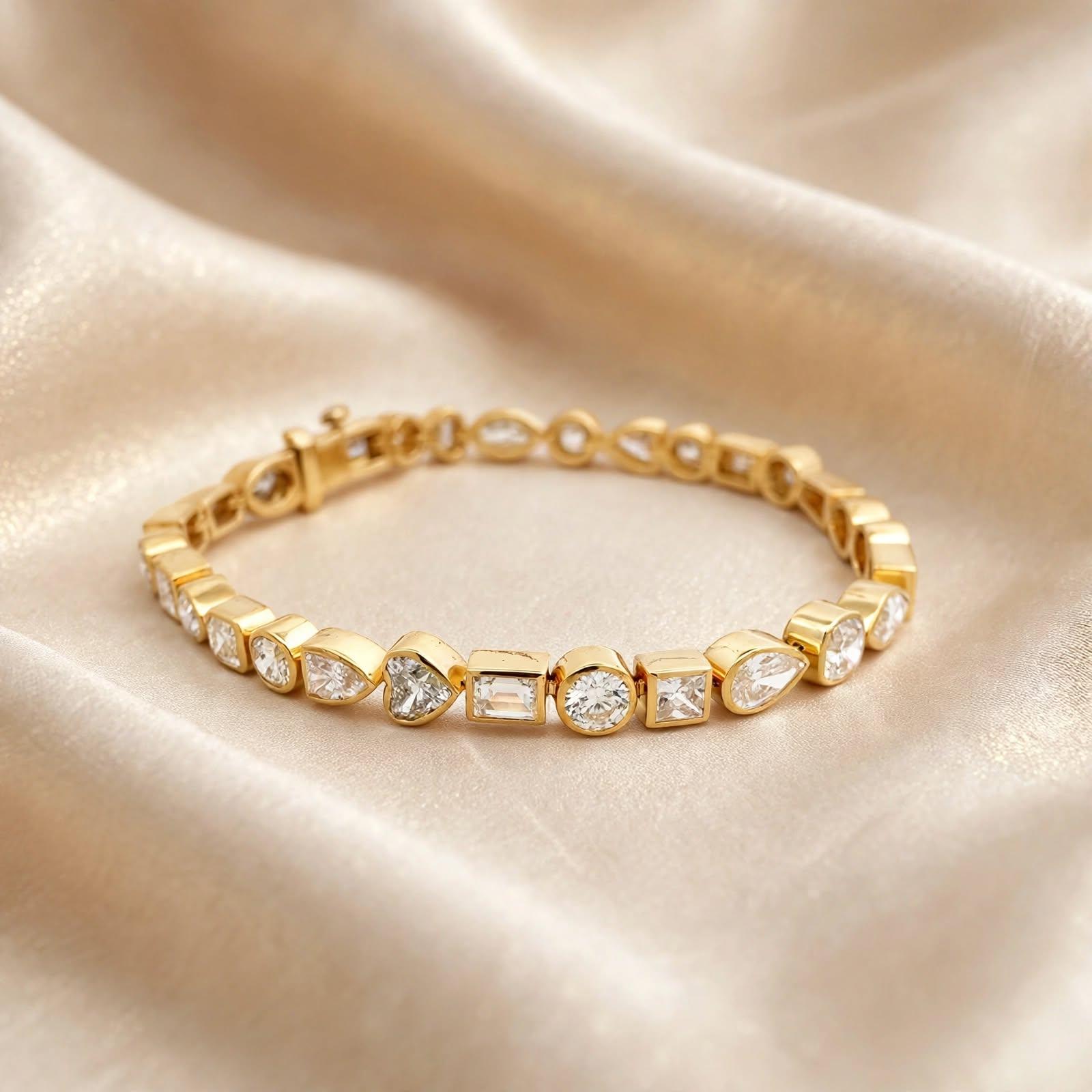 14K Yellow Gold Tennis Bracelet with 9.64 Carat Mixed Shape Diamonds 7 Inch