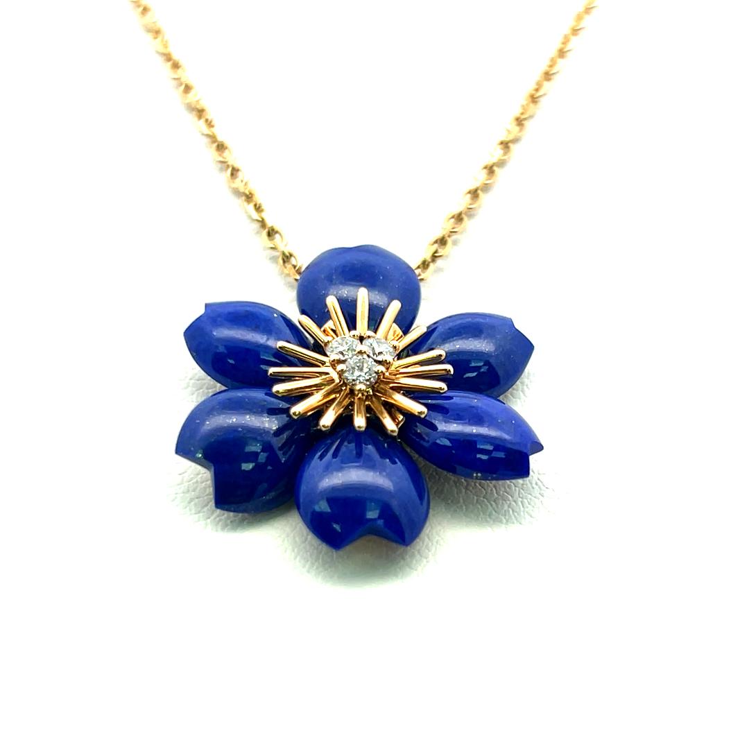 Van Cleef & Arpels 18K YG Pendant Necklace with 0.1 Carat Diamond & Lapis Lazuli