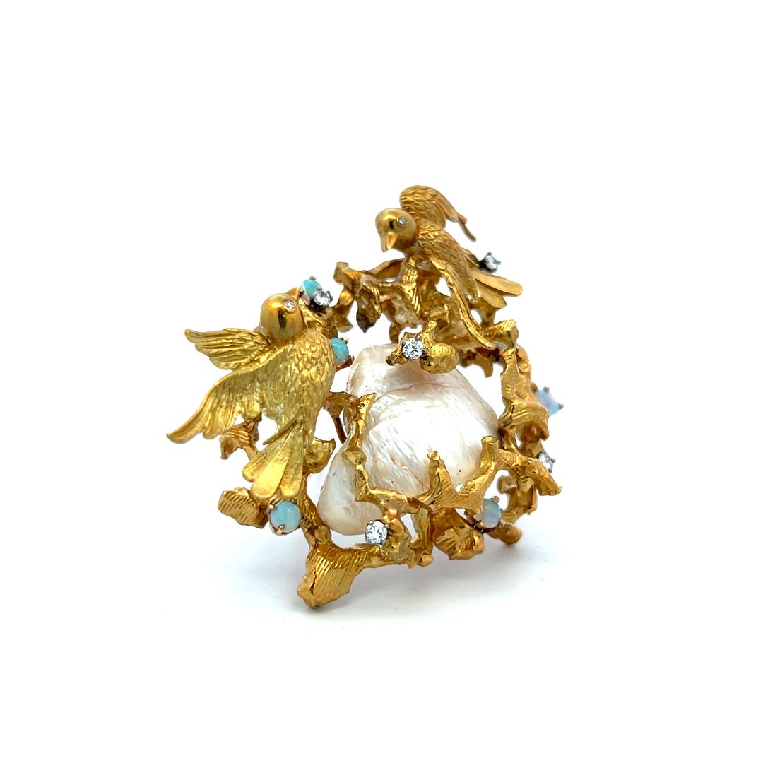18K YG Pin Brooch with 0.32 Carat Round G VS Diamonds 3.00-3.7mm Opal & Pearls