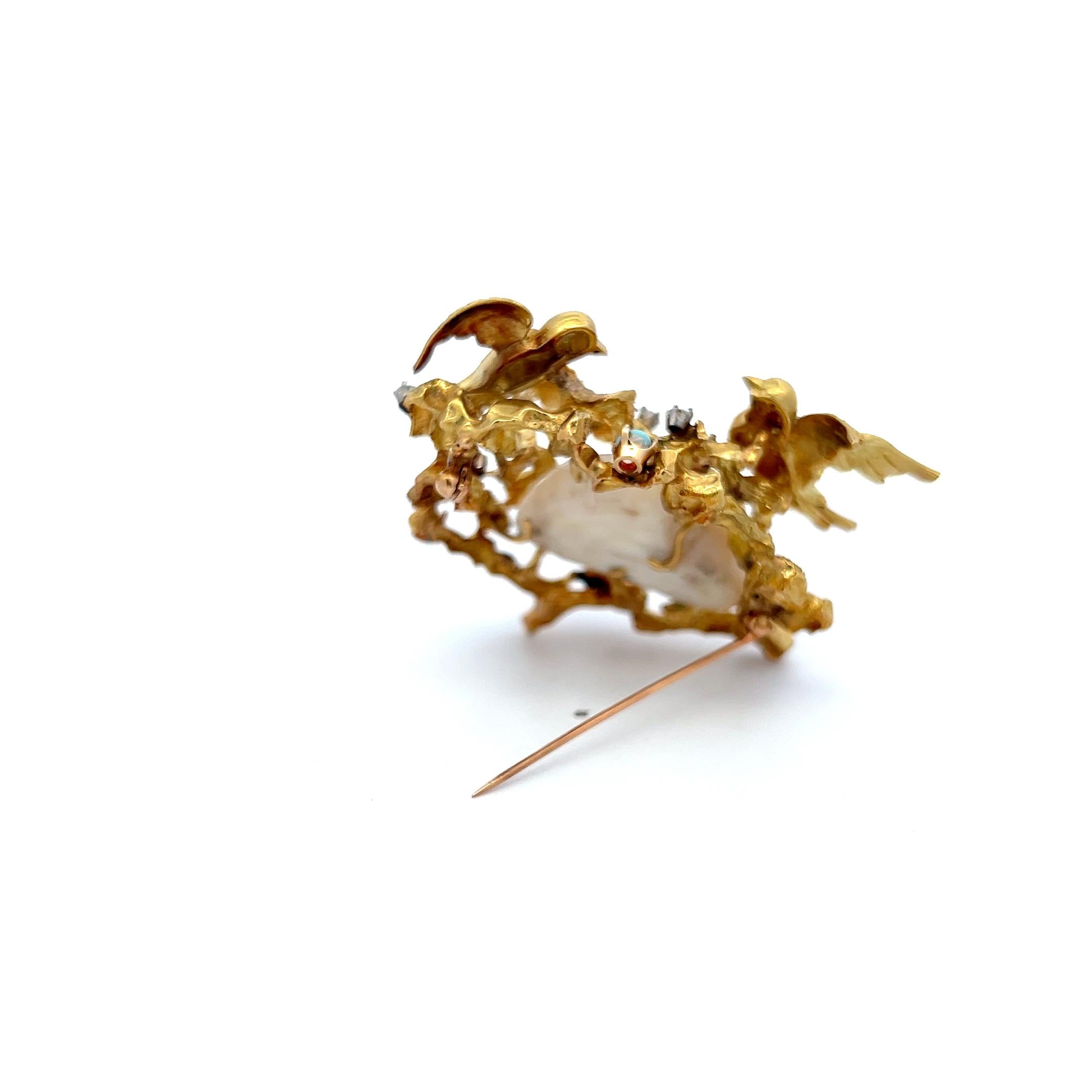 18K YG Pin Brooch with 0.32 Carat Round G VS Diamonds 3.00-3.7mm Opal & Pearls