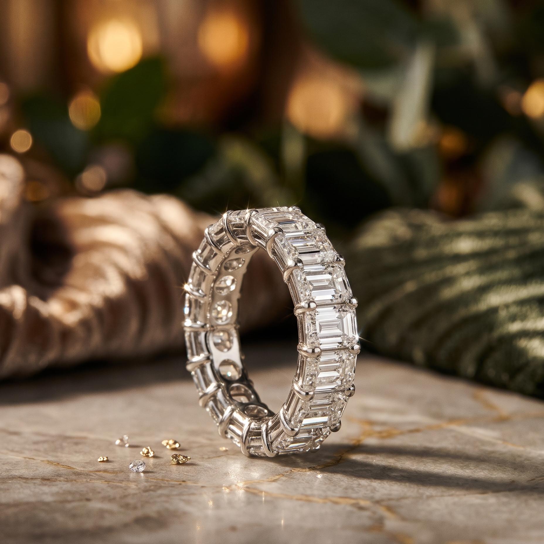 Platinum Eternity Band Ring 10.34ct Emerald Cut Diamonds Size 6 E VS1/VS2 GIA