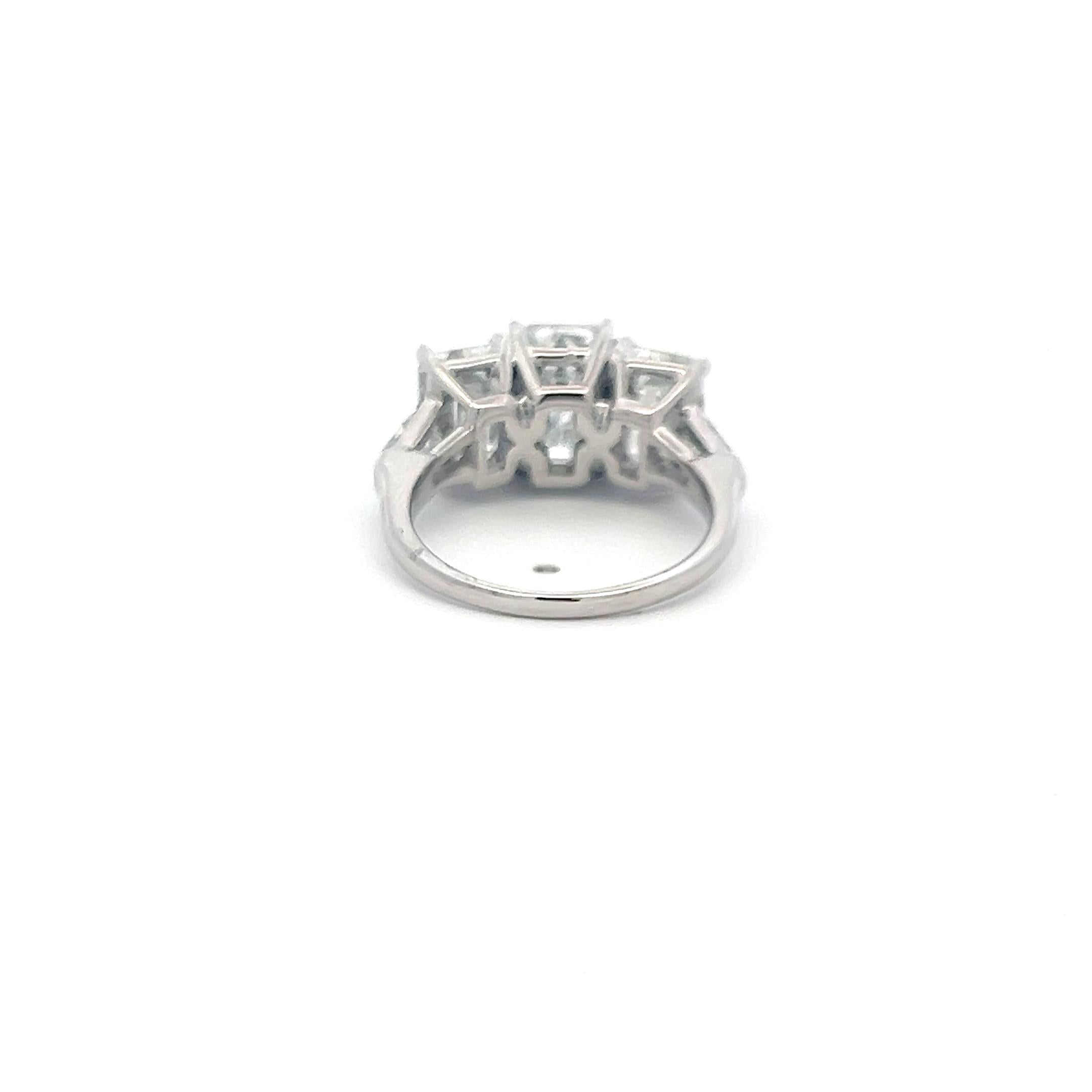 Platinum Three-Stone Ring with 5.6 Carat Emerald Cut H-SI1 GIA Diamonds Size 7