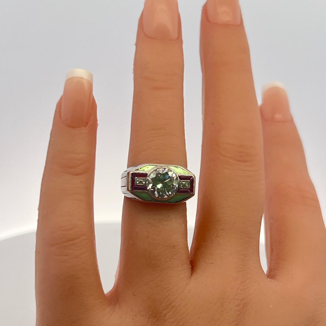 18K WG Art Deco Ring with 2.13 Carat GIA Diamonds & 0.18 Carat Ruby Size 5