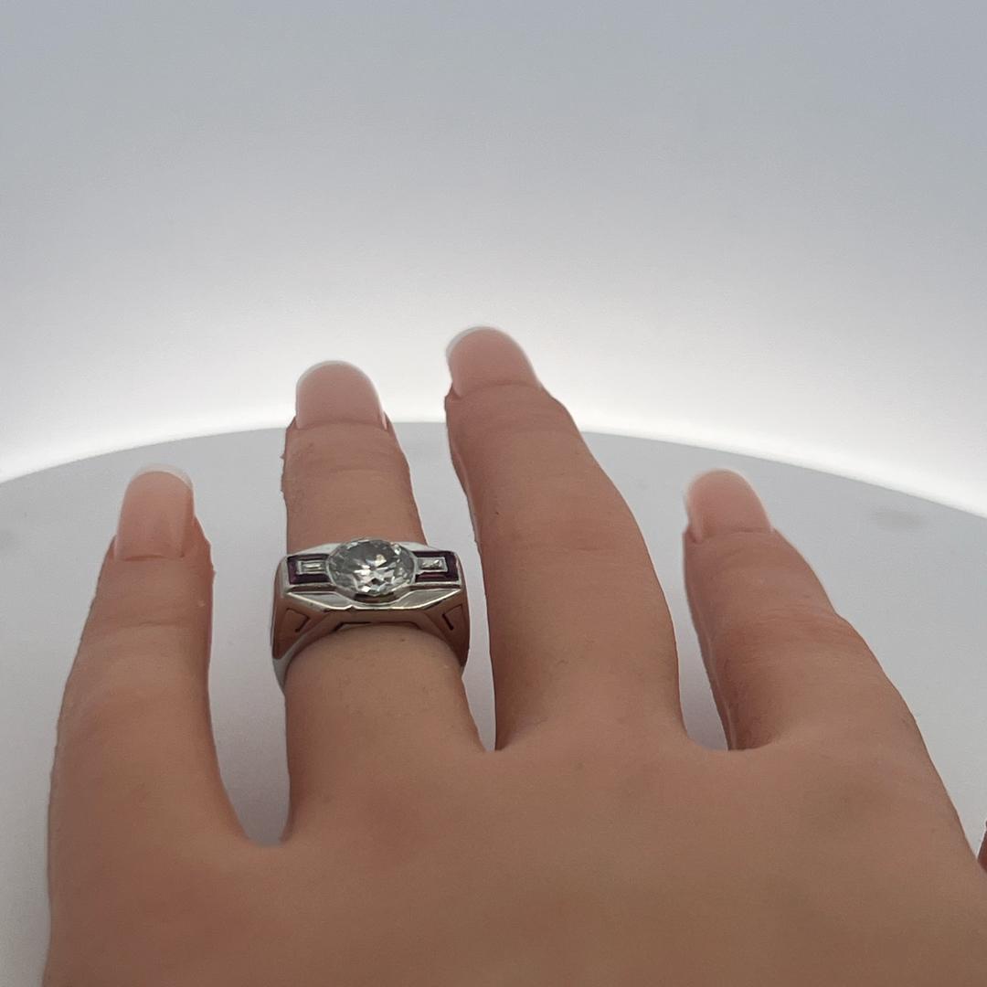 18K WG Art Deco Ring with 2.13 Carat GIA Diamonds & 0.18 Carat Ruby Size 5