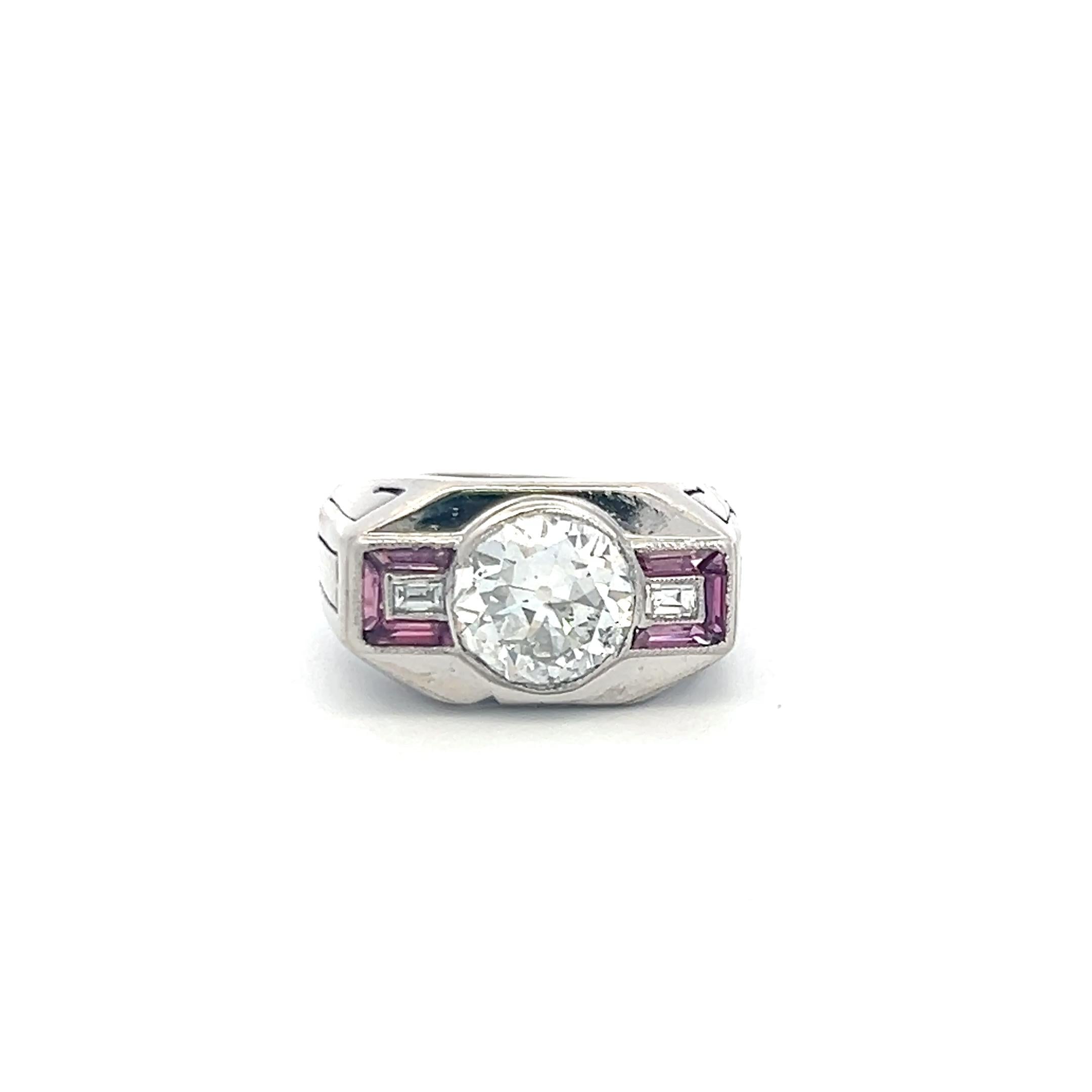 18K WG Art Deco Ring with 2.13 Carat GIA Diamonds & 0.18 Carat Ruby Size 5