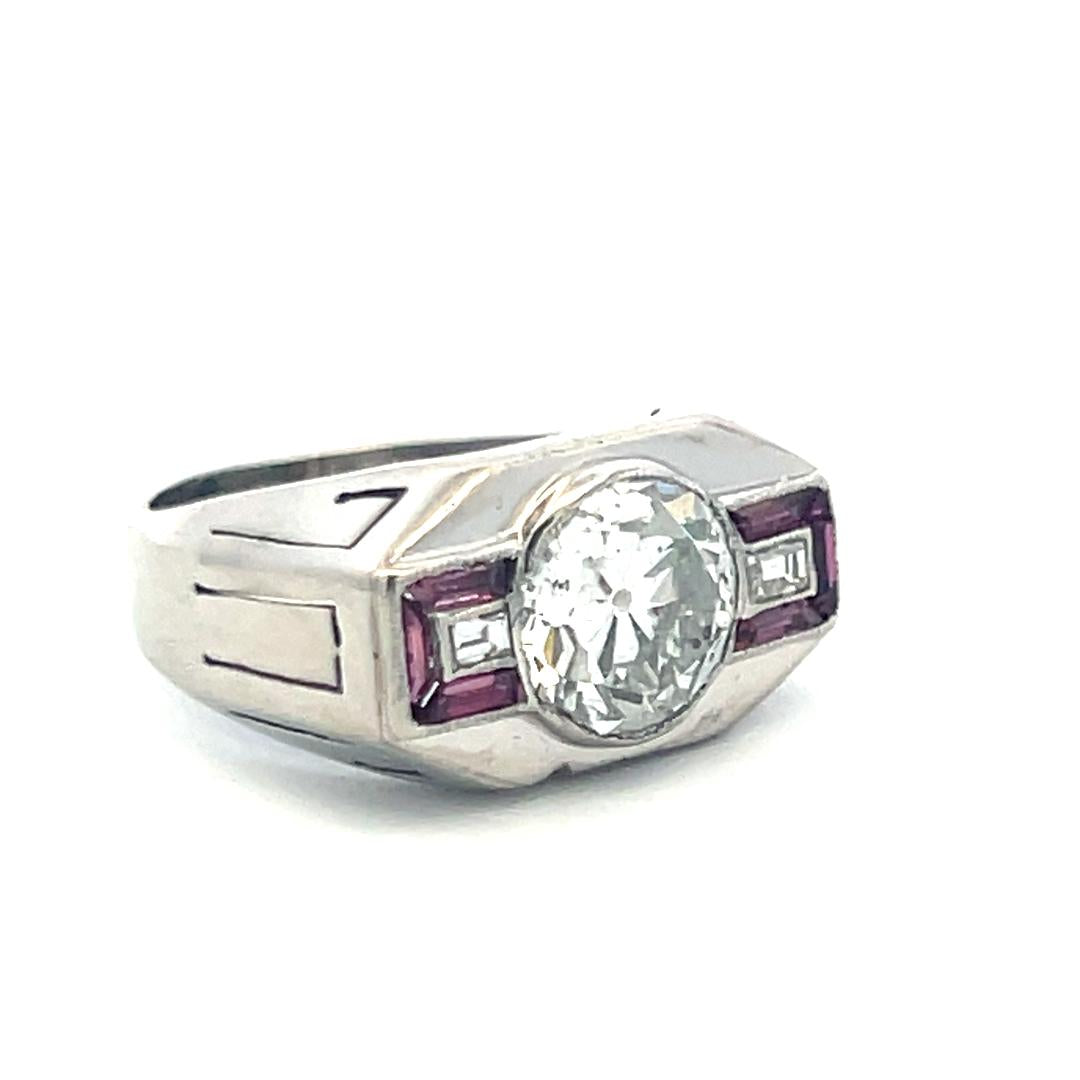 18K WG Art Deco Ring with 2.13 Carat GIA Diamonds & 0.18 Carat Ruby Size 5