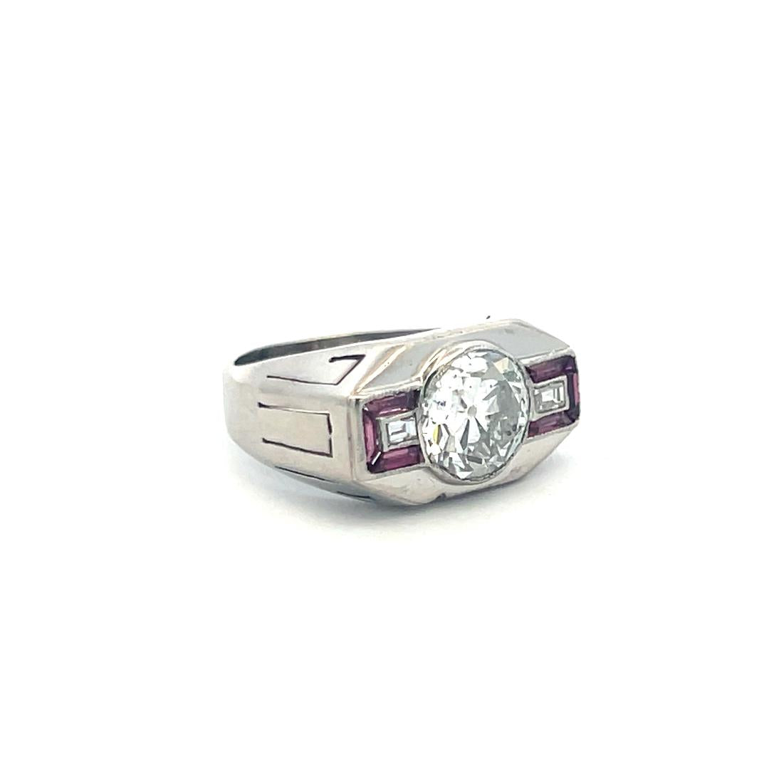 18K WG Art Deco Ring with 2.13 Carat GIA Diamonds & 0.18 Carat Ruby Size 5