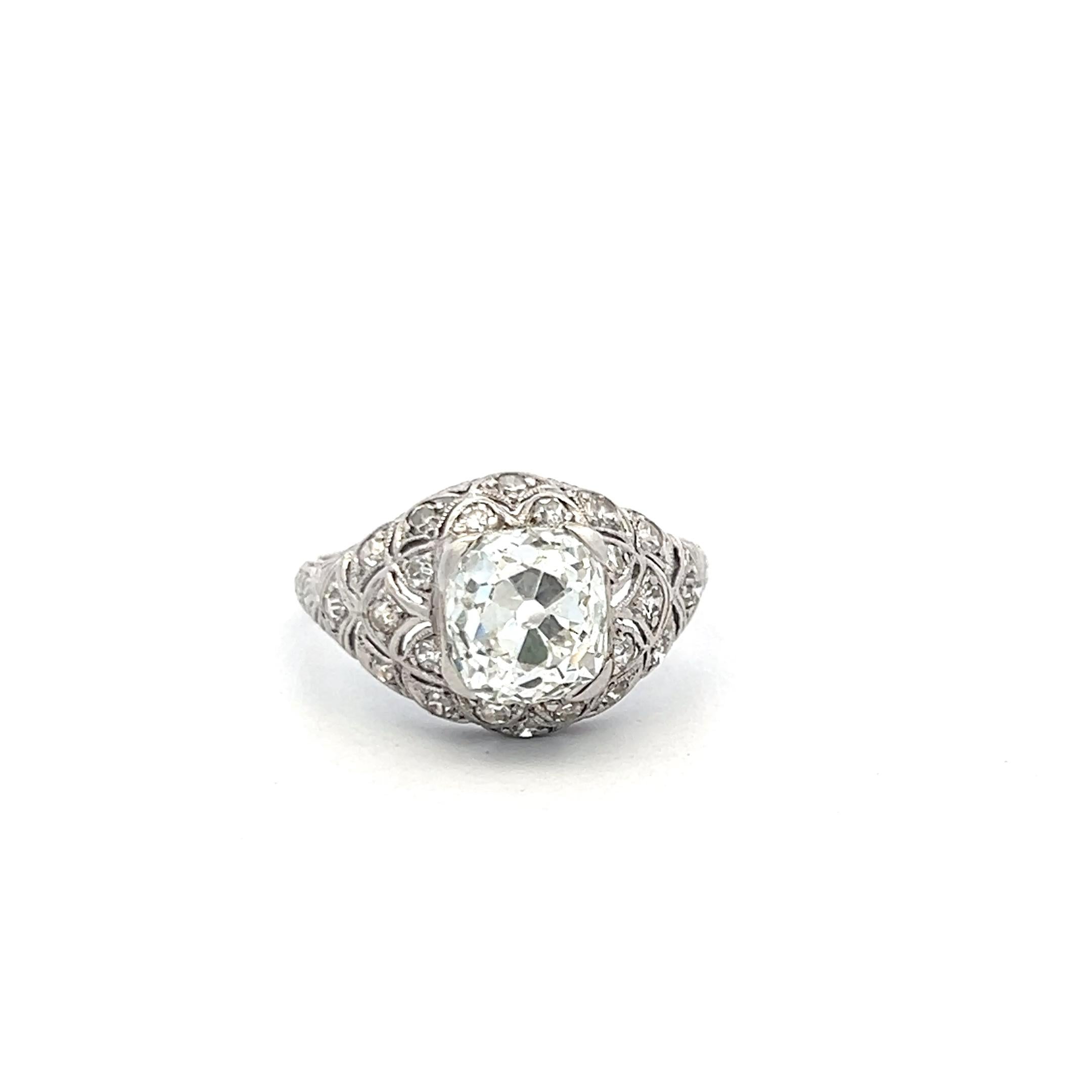 Vintage Platinum Art Deco Ring with 2.40 Carat Old Miner GIA Diamonds Size 6.25