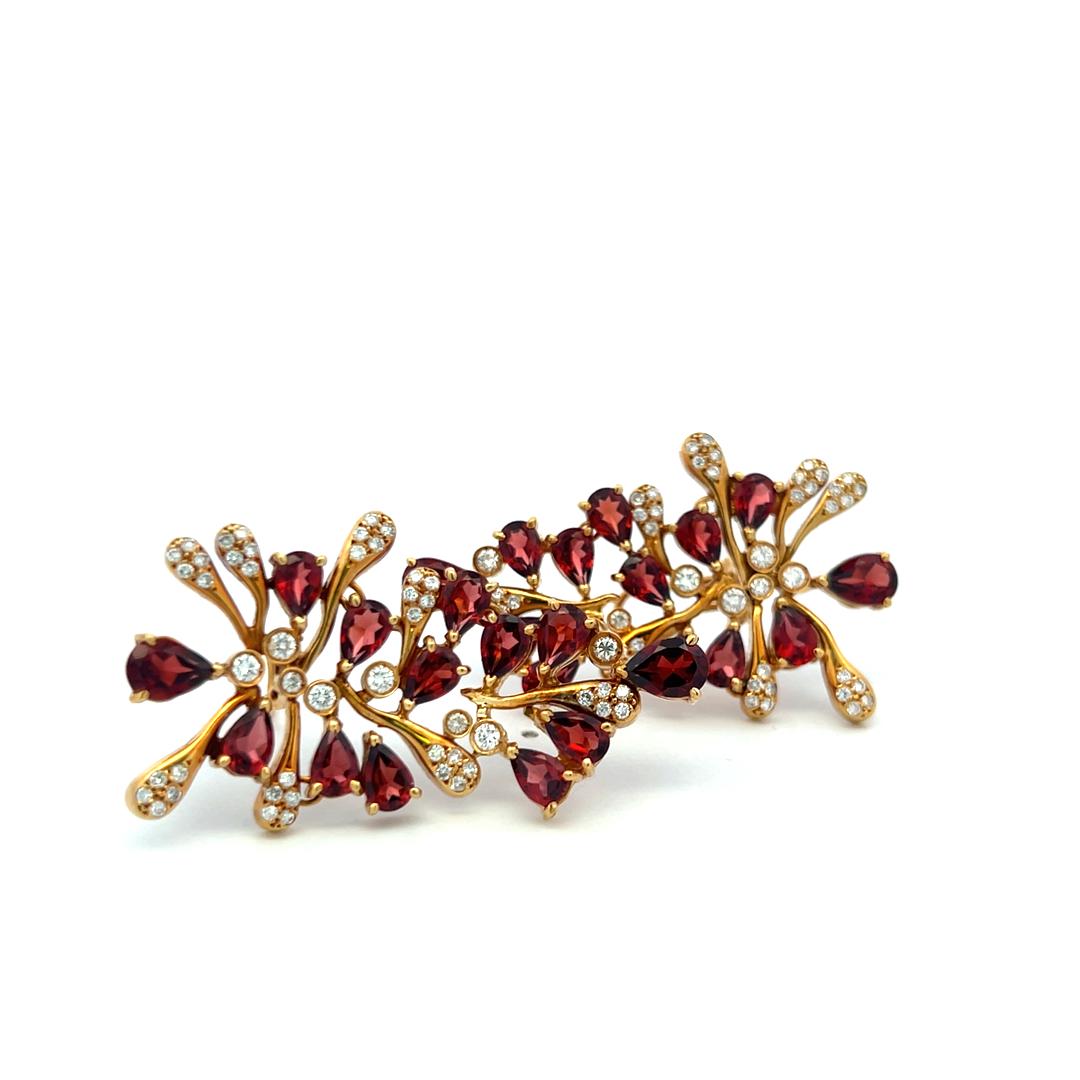 18K YG Dangling Earrings with 1.52 Carat Round Diamonds & 7.5 Carat Garnet