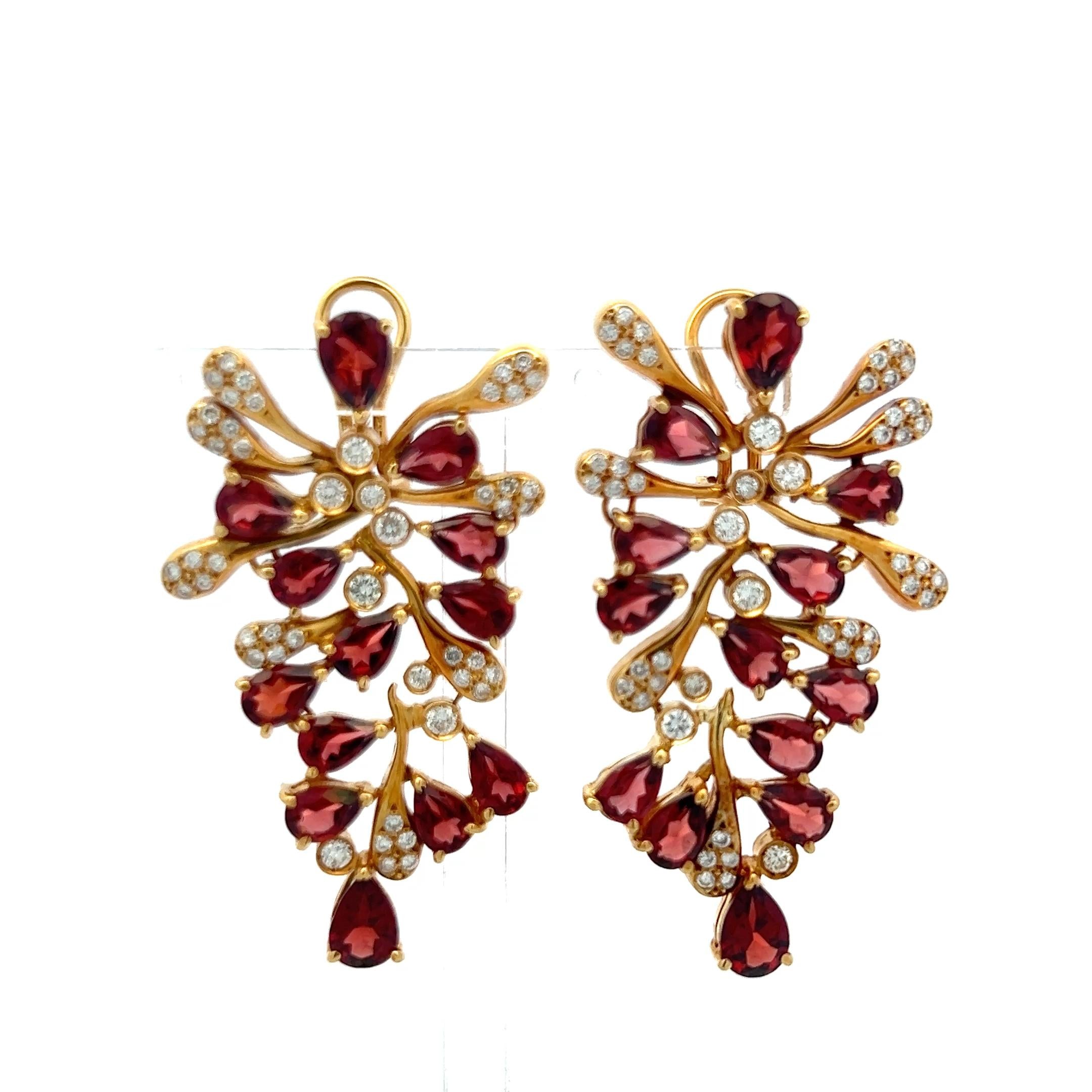 18K YG Dangling Earrings with 1.52 Carat Round Diamonds & 7.5 Carat Garnet