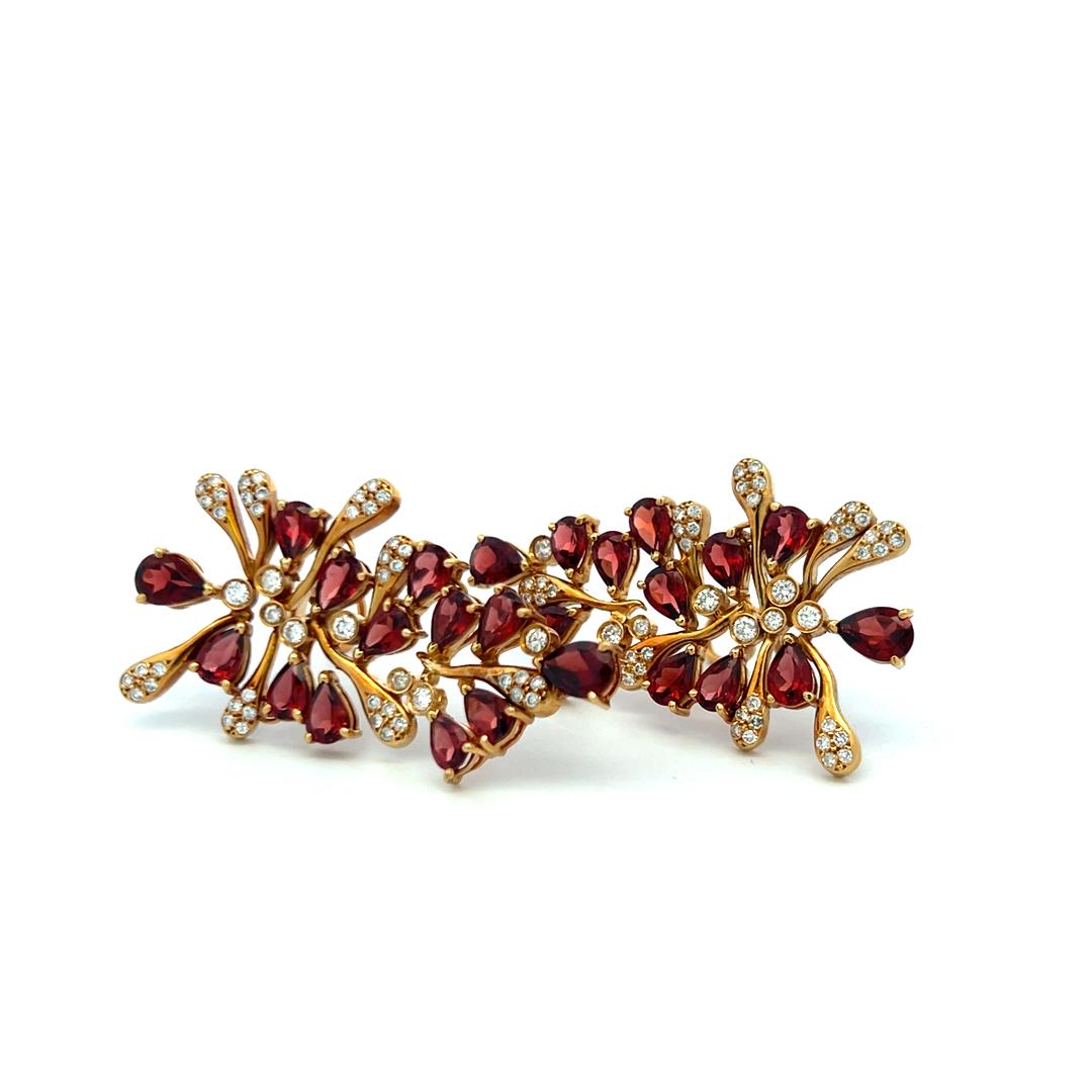 18K YG Dangling Earrings with 1.52 Carat Round Diamonds & 7.5 Carat Garnet