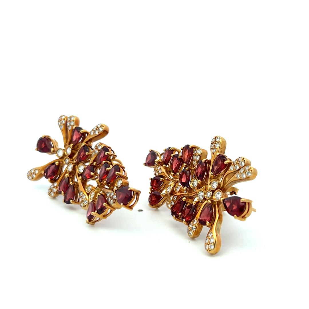18K YG Dangling Earrings with 1.52 Carat Round Diamonds & 7.5 Carat Garnet