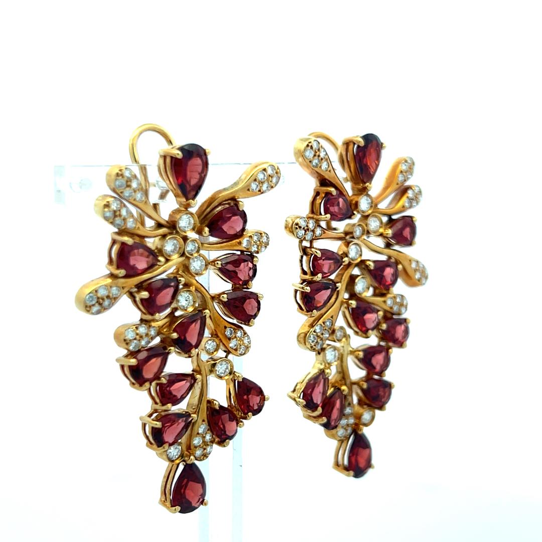 18K YG Dangling Earrings with 1.52 Carat Round Diamonds & 7.5 Carat Garnet