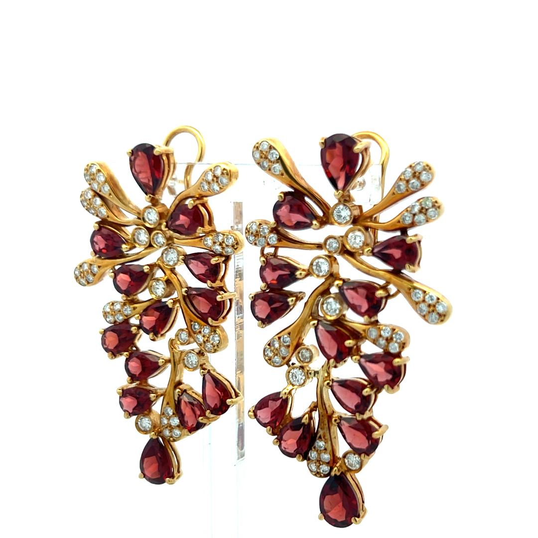 18K YG Dangling Earrings with 1.52 Carat Round Diamonds & 7.5 Carat Garnet