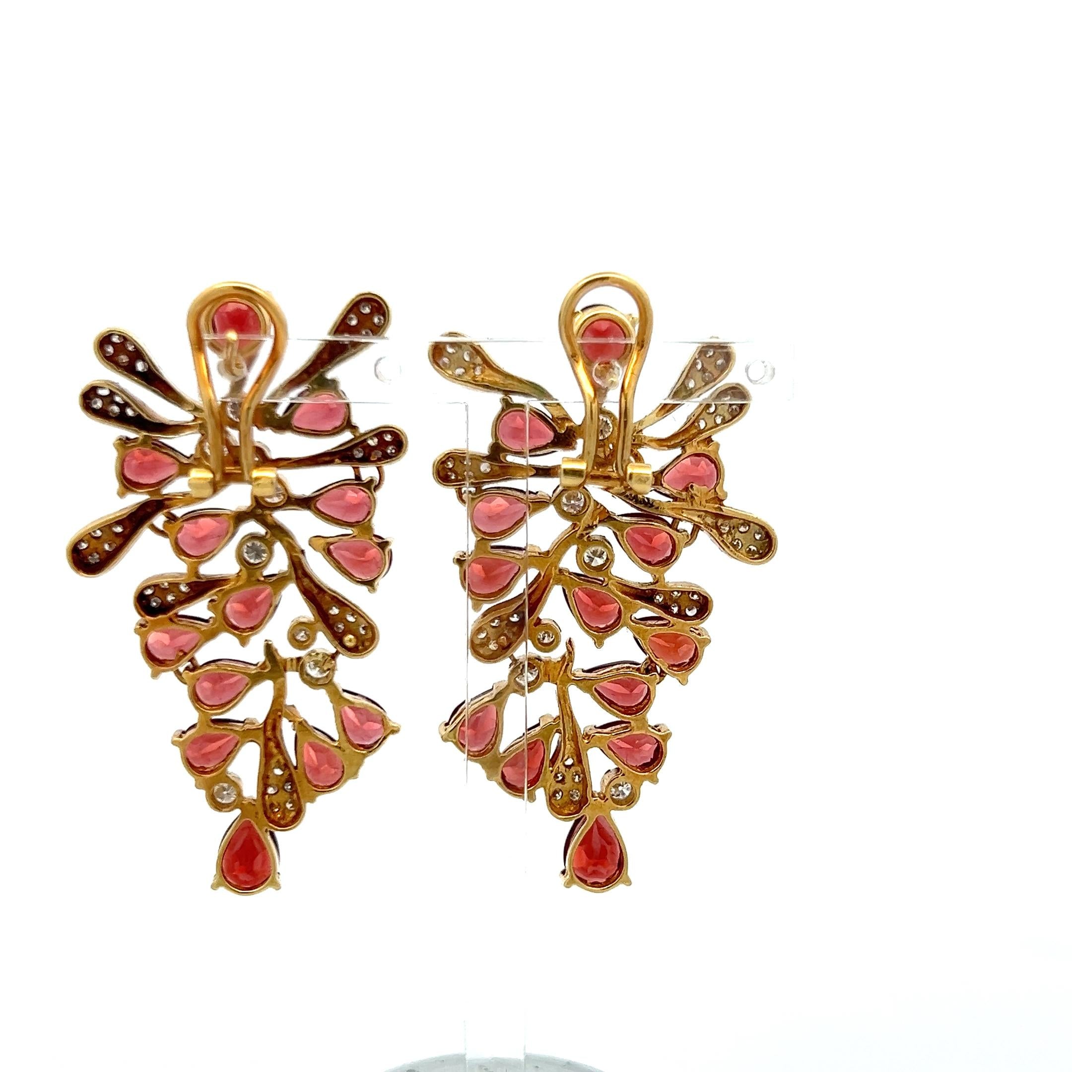 18K YG Dangling Earrings with 1.52 Carat Round Diamonds & 7.5 Carat Garnet