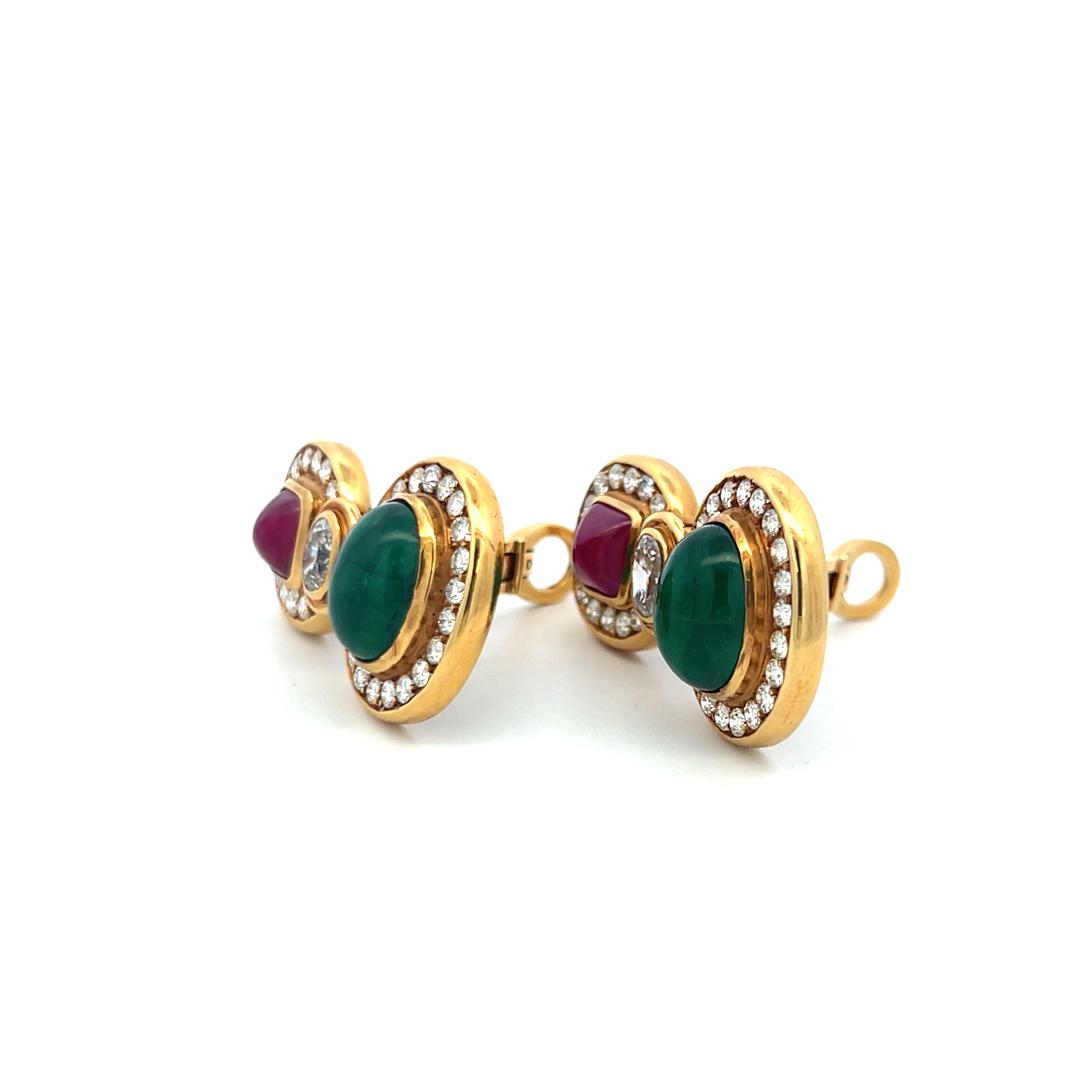 18K YG Drop Earrings with 4.6 Ct Diamonds 12x9.8mm Emerald & 6.8x7.5mm Rubies