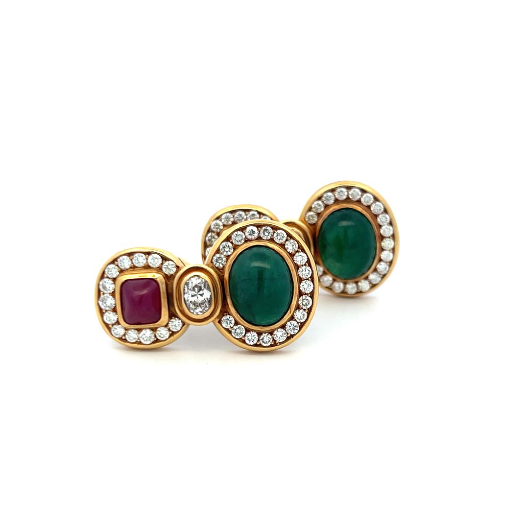 18K YG Drop Earrings with 4.6 Ct Diamonds 12x9.8mm Emerald & 6.8x7.5mm Rubies