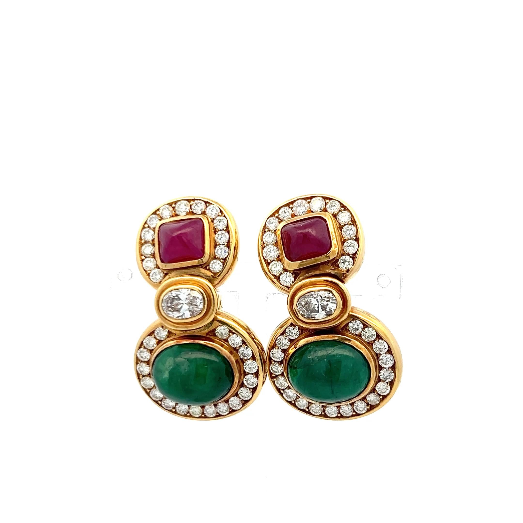 18K YG Drop Earrings with 4.6 Ct Diamonds 12x9.8mm Emerald & 6.8x7.5mm Rubies