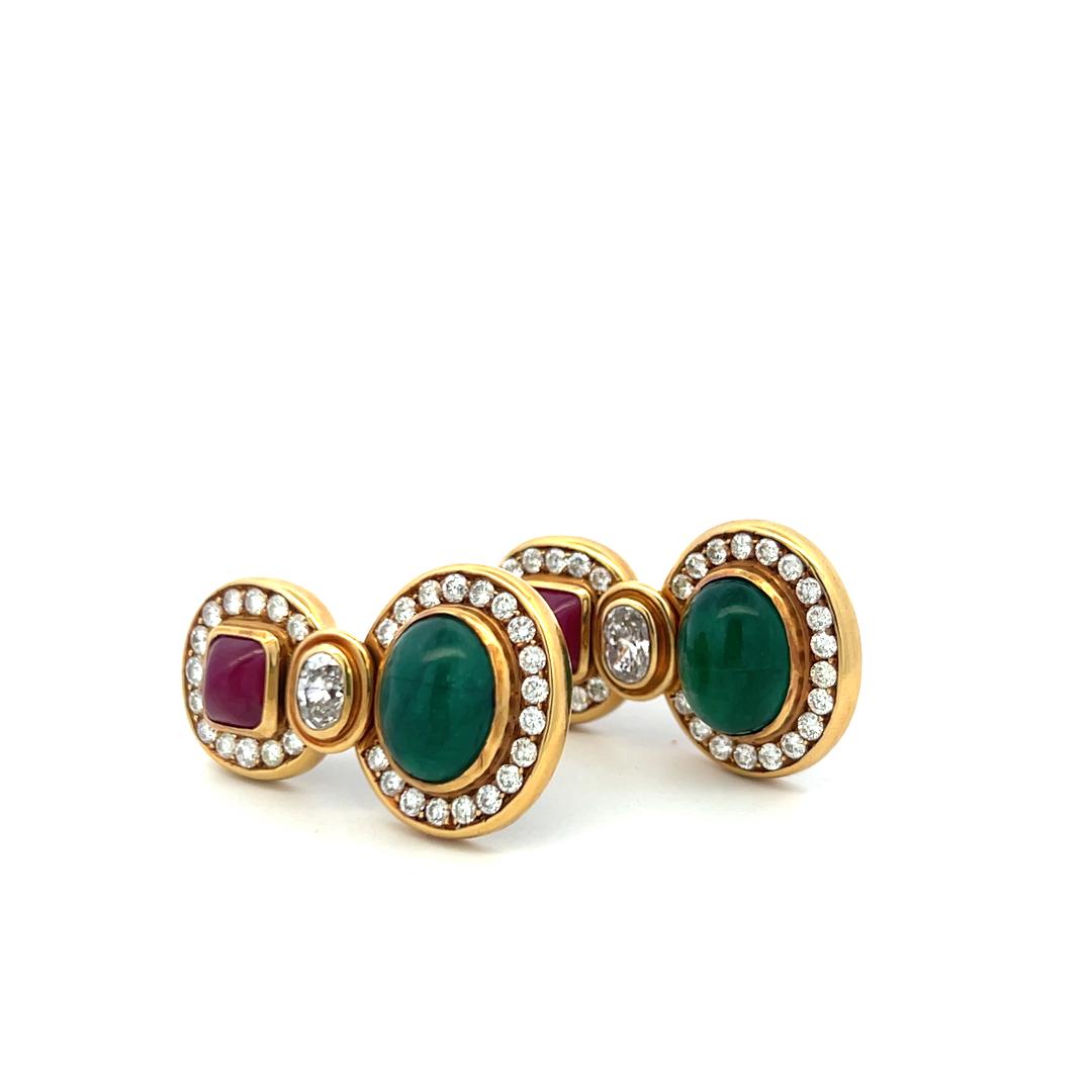 18K YG Drop Earrings with 4.6 Ct Diamonds 12x9.8mm Emerald & 6.8x7.5mm Rubies
