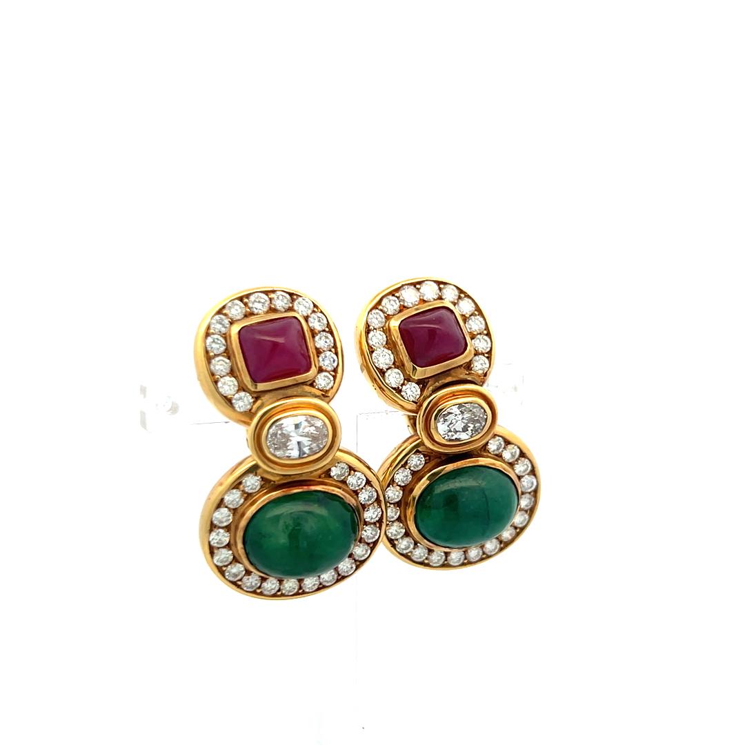 18K YG Drop Earrings with 4.6 Ct Diamonds 12x9.8mm Emerald & 6.8x7.5mm Rubies