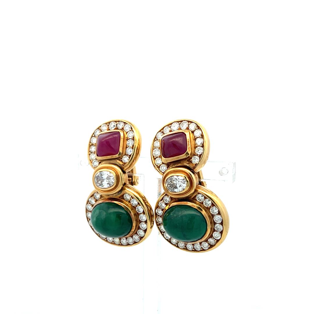 18K YG Drop Earrings with 4.6 Ct Diamonds 12x9.8mm Emerald & 6.8x7.5mm Rubies