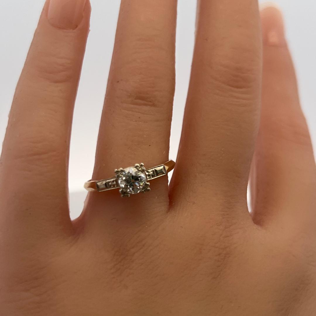 14K WG Engagement Ring with 0.70 Carat Old European Cut Diamond E-SI Size 10