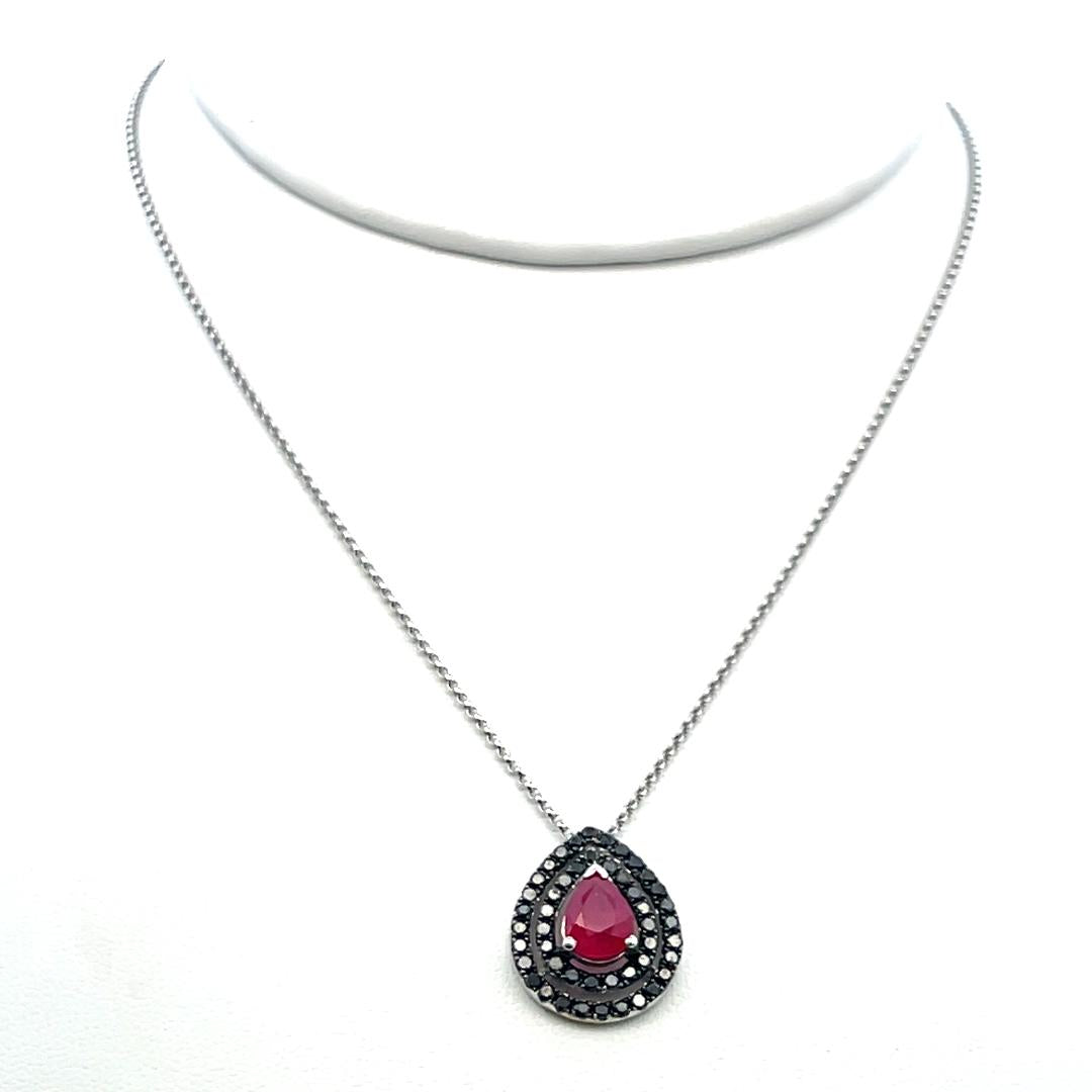 18K WG Pendant Necklace with 0.65 Carat Round Diamonds & 1.15 Carat Pear Ruby