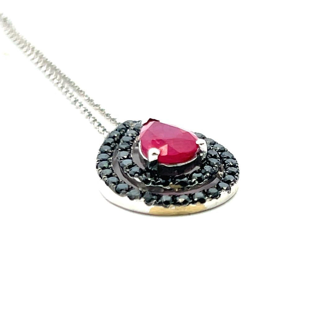 18K WG Pendant Necklace with 0.65 Carat Round Diamonds & 1.15 Carat Pear Ruby
