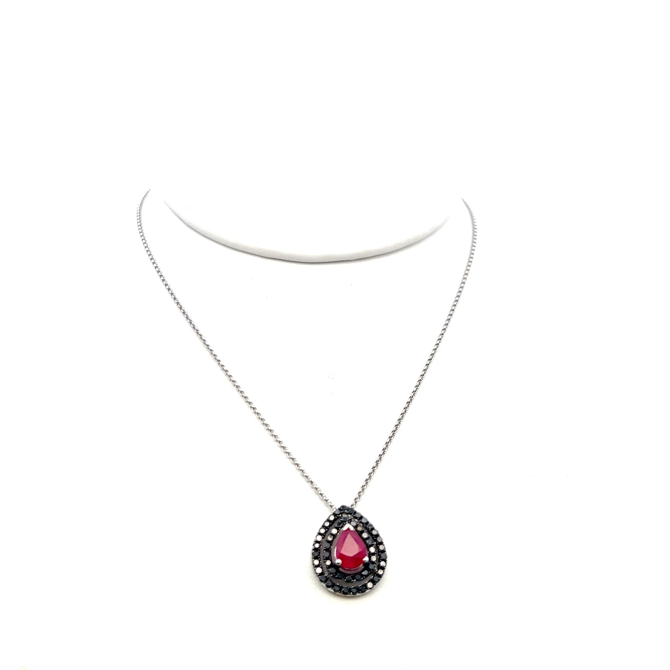 18K WG Pendant Necklace with 0.65 Carat Round Diamonds & 1.15 Carat Pear Ruby