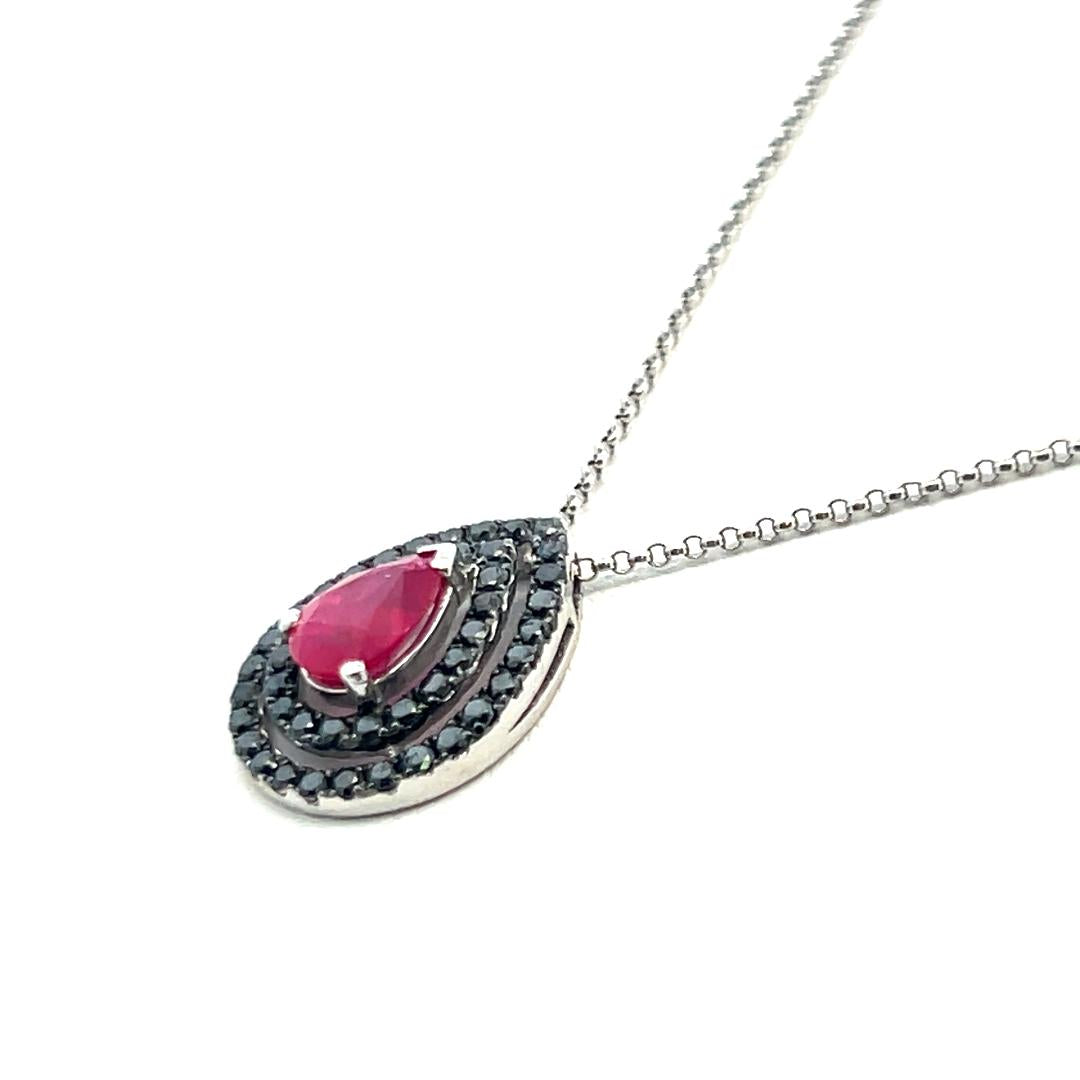 18K WG Pendant Necklace with 0.65 Carat Round Diamonds & 1.15 Carat Pear Ruby
