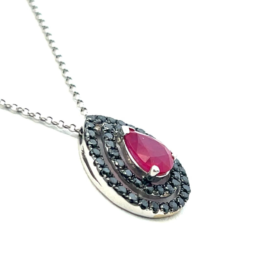 18K WG Pendant Necklace with 0.65 Carat Round Diamonds & 1.15 Carat Pear Ruby