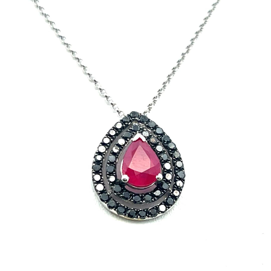 18K WG Pendant Necklace with 0.65 Carat Round Diamonds & 1.15 Carat Pear Ruby