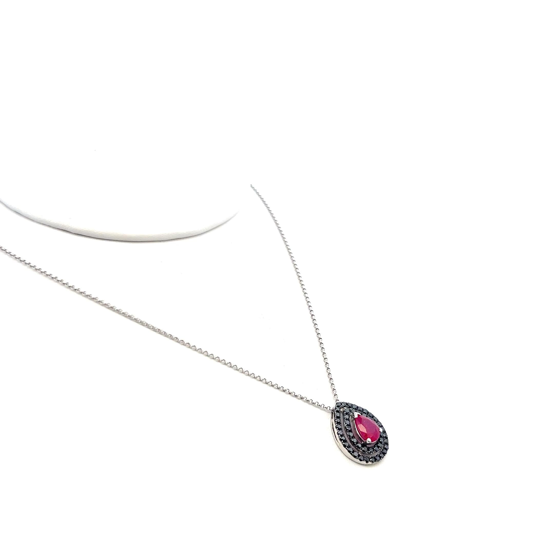 18K WG Pendant Necklace with 0.65 Carat Round Diamonds & 1.15 Carat Pear Ruby