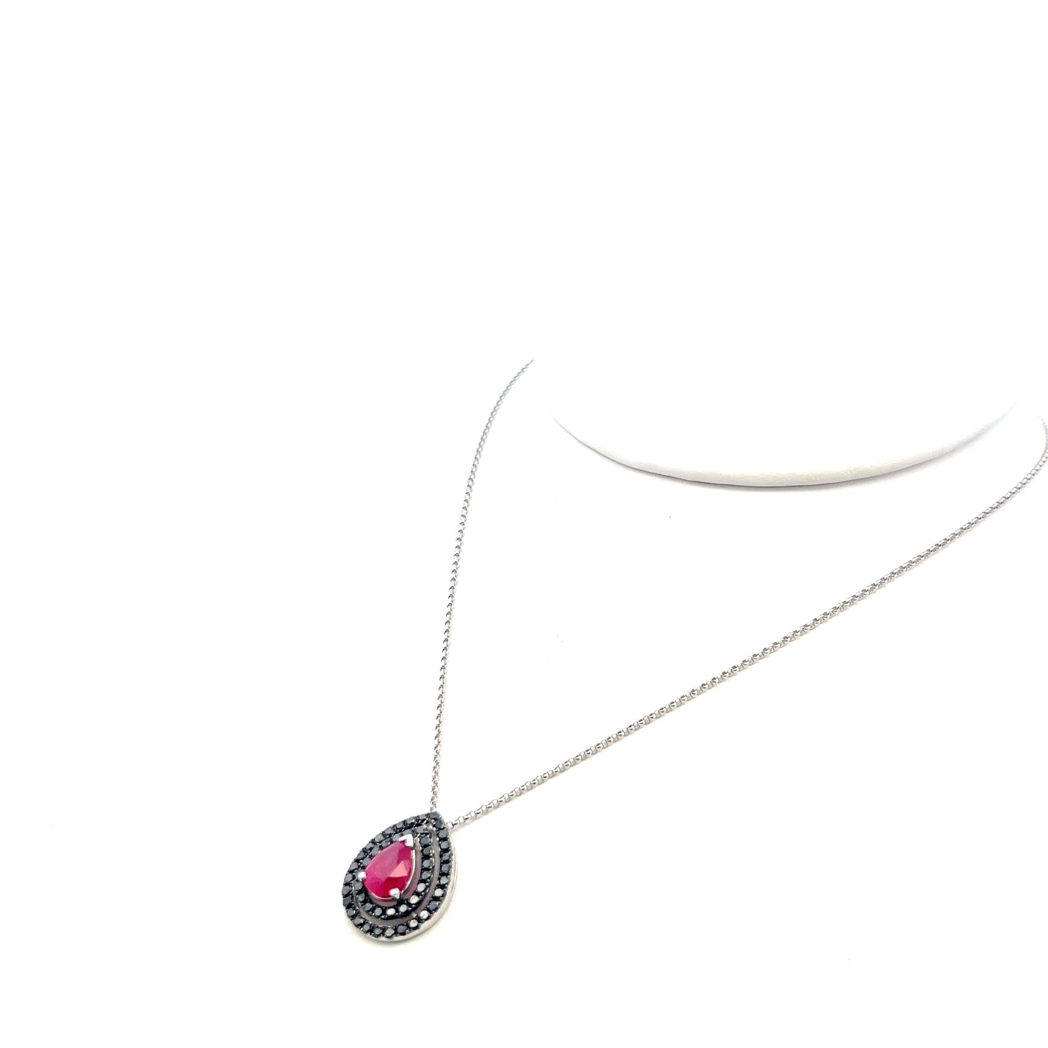 18K WG Pendant Necklace with 0.65 Carat Round Diamonds & 1.15 Carat Pear Ruby