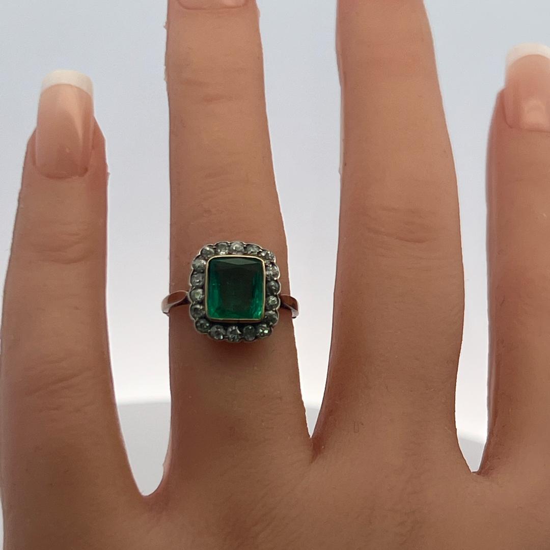 10k Two Tone Edwardian Ring with 0.9 Ct. Old European Diamond & 1.5 Ct. Emerald