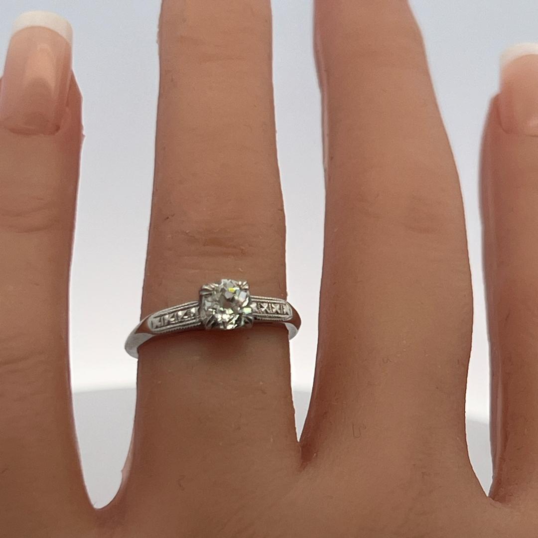 Platinum Engagement Ring with 0.70 Carat Old European Cut H-SI Diamond Size 6.25