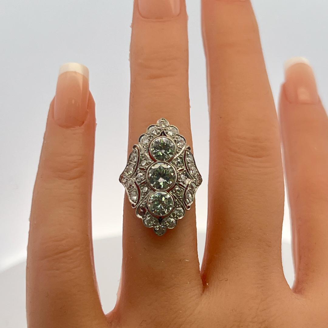 Vintage Platinum Art Deco Ring with 2.80 Carat Old European Cut Diamonds H-I VS