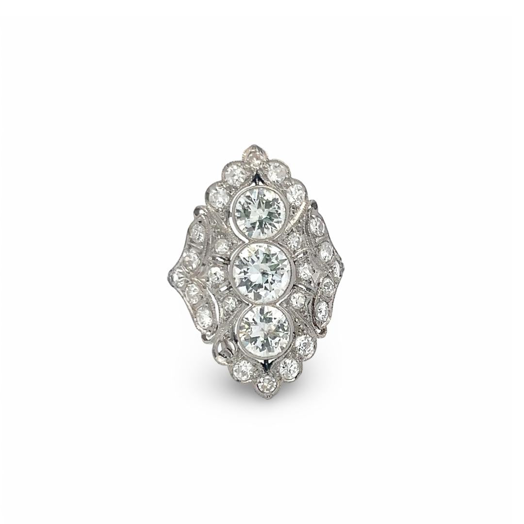 Vintage Platinum Art Deco Ring with 2.80 Carat Old European Cut Diamonds H-I VS
