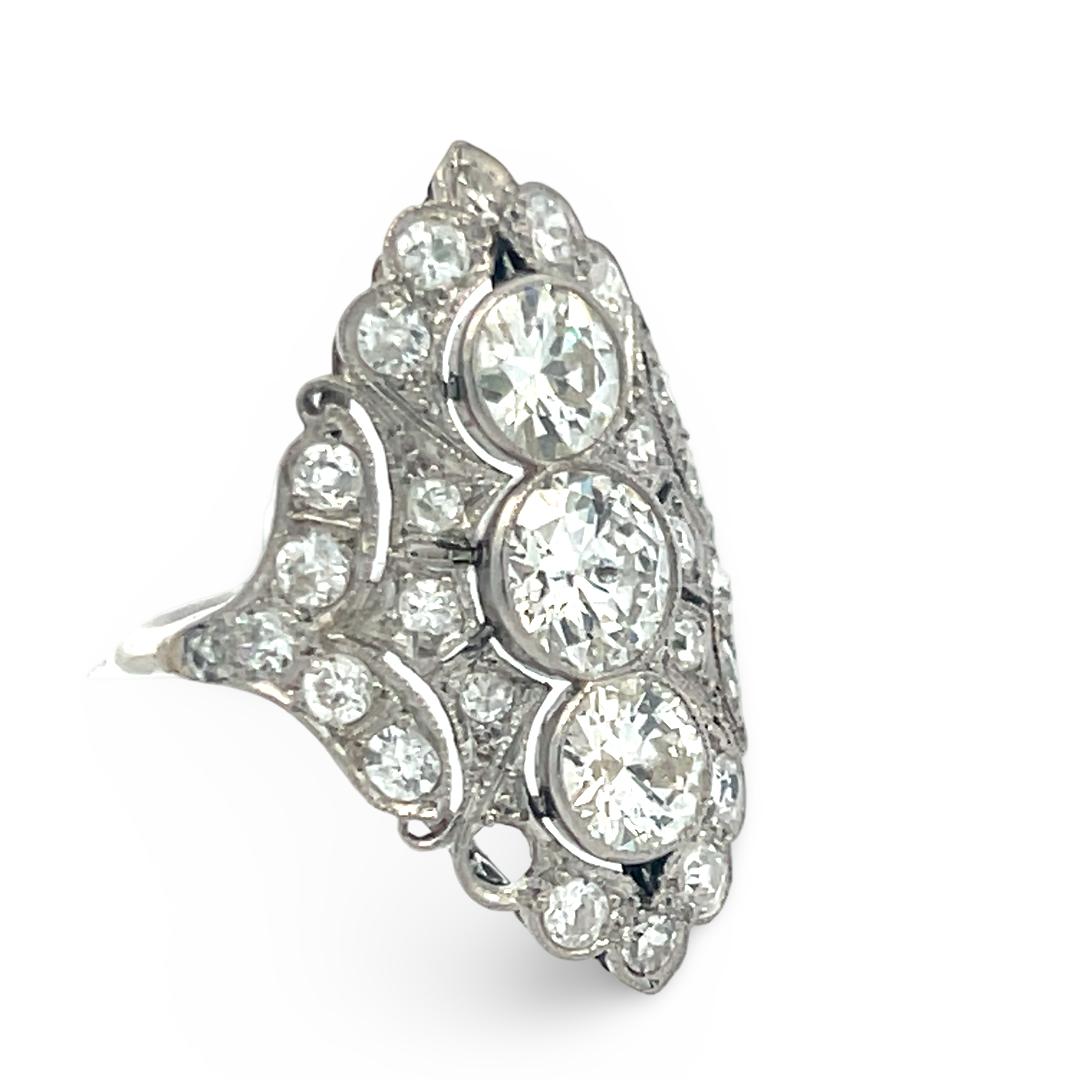 Vintage Platinum Art Deco Ring with 2.80 Carat Old European Cut Diamonds H-I VS