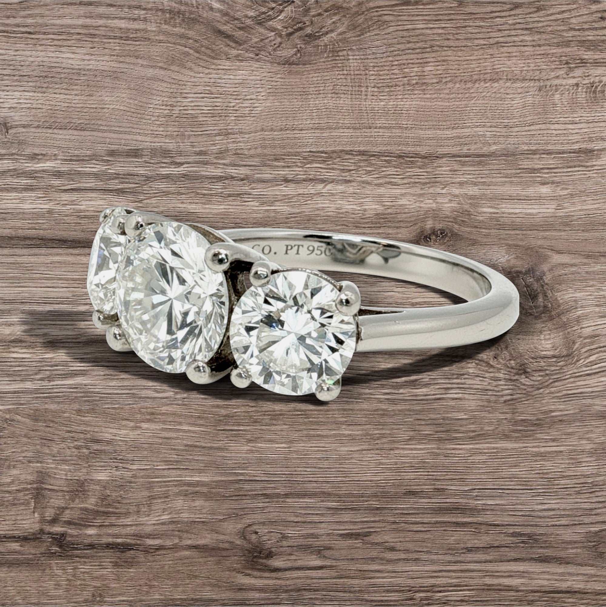 Tiffany & Co Platinum Three-Stone Ring with 4.56 Carat Round Diamonds Size 5