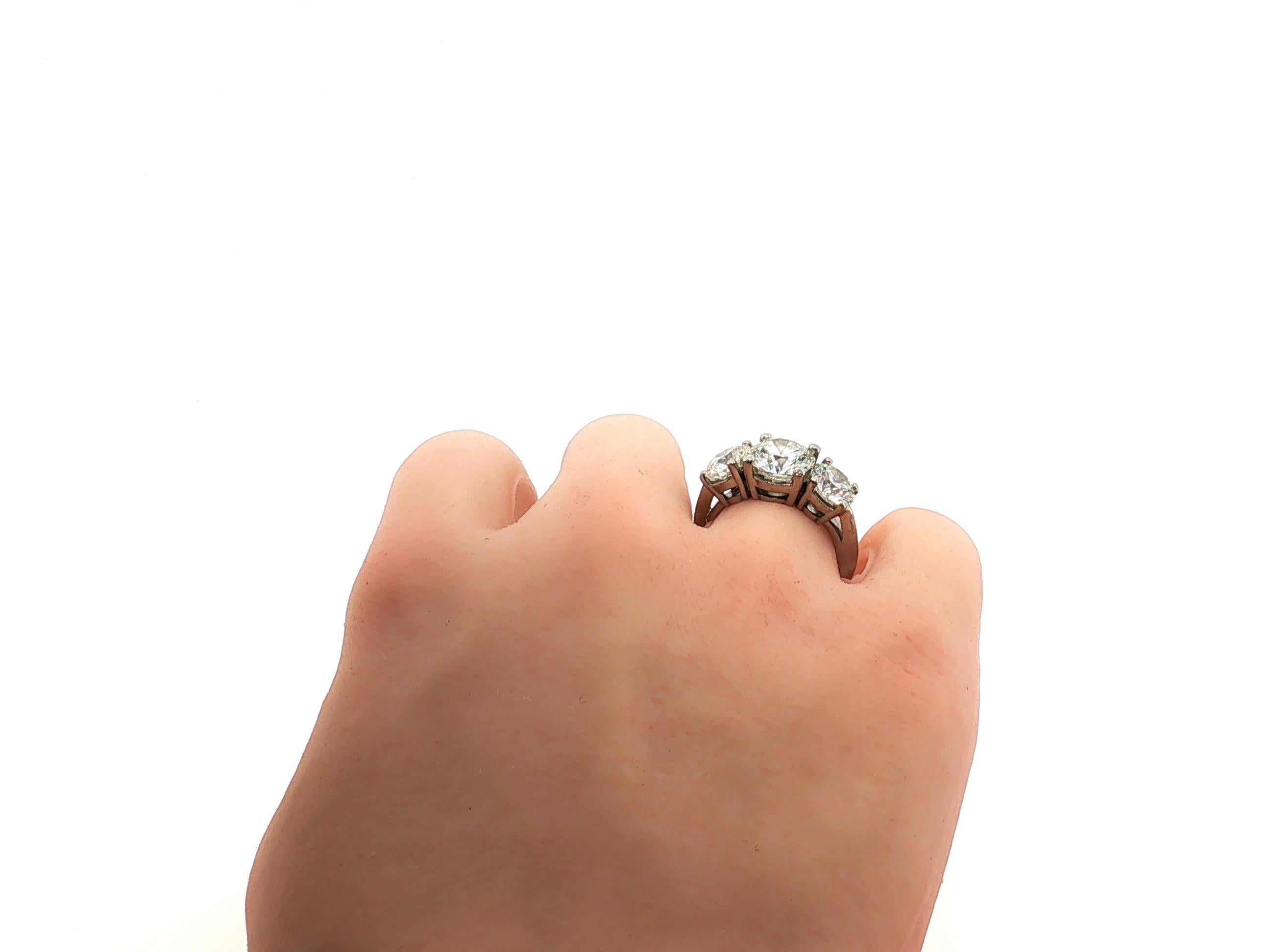 Tiffany & Co Platinum Three-Stone Ring with 4.56 Carat Round Diamonds Size 5