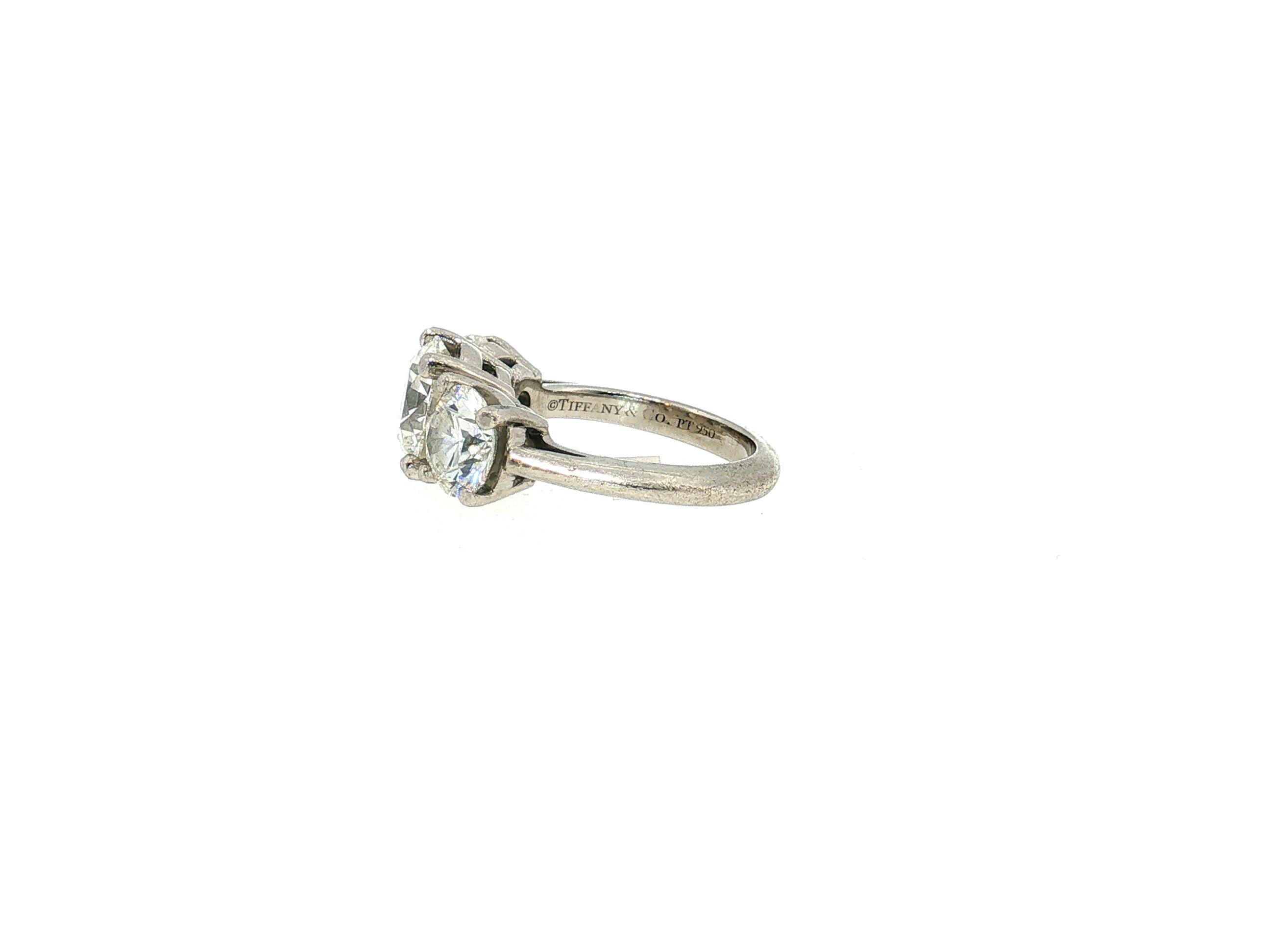 Tiffany & Co Platinum Three-Stone Ring with 4.56 Carat Round Diamonds Size 5