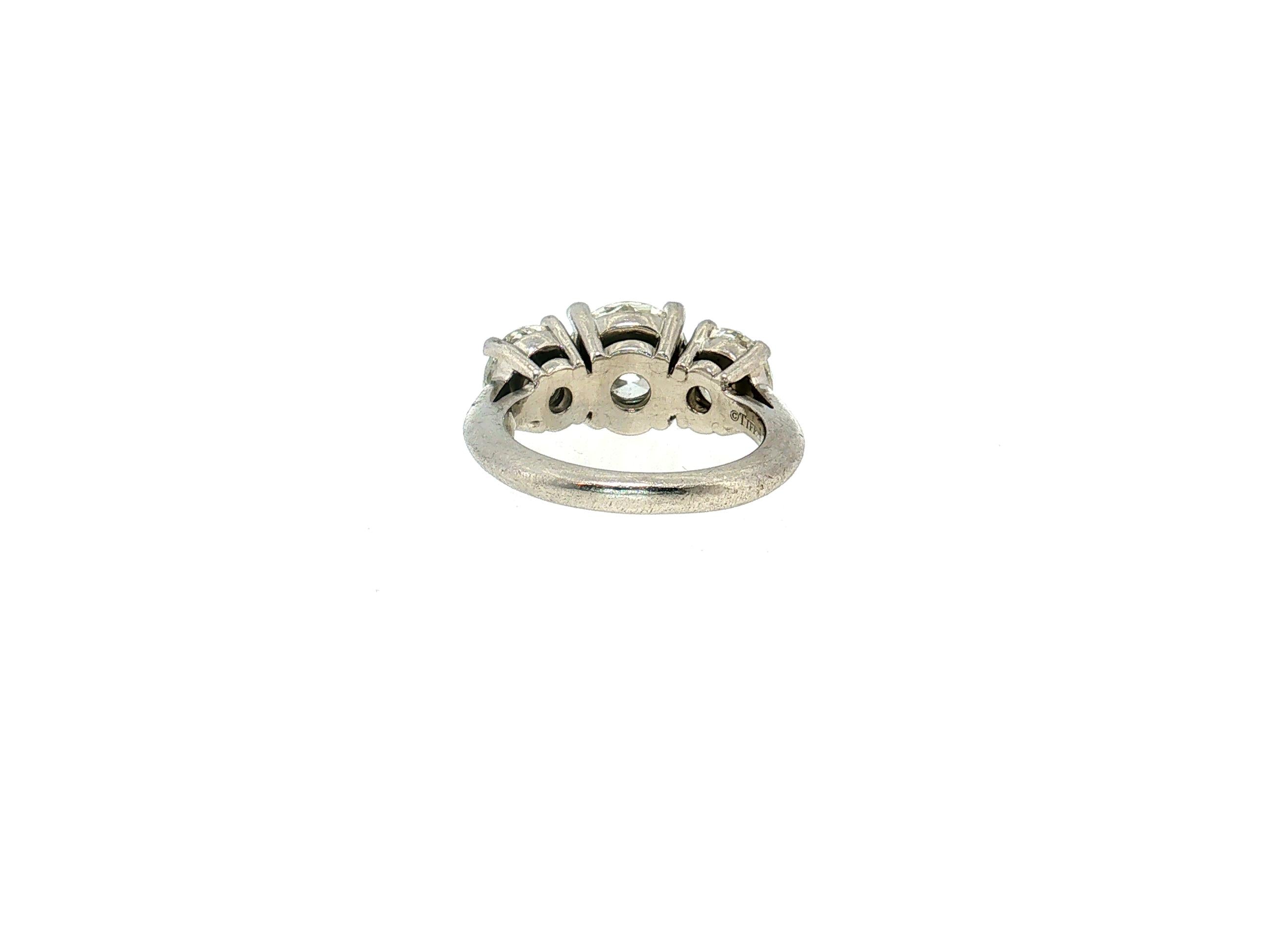 Tiffany & Co Platinum Three-Stone Ring with 4.56 Carat Round Diamonds Size 5
