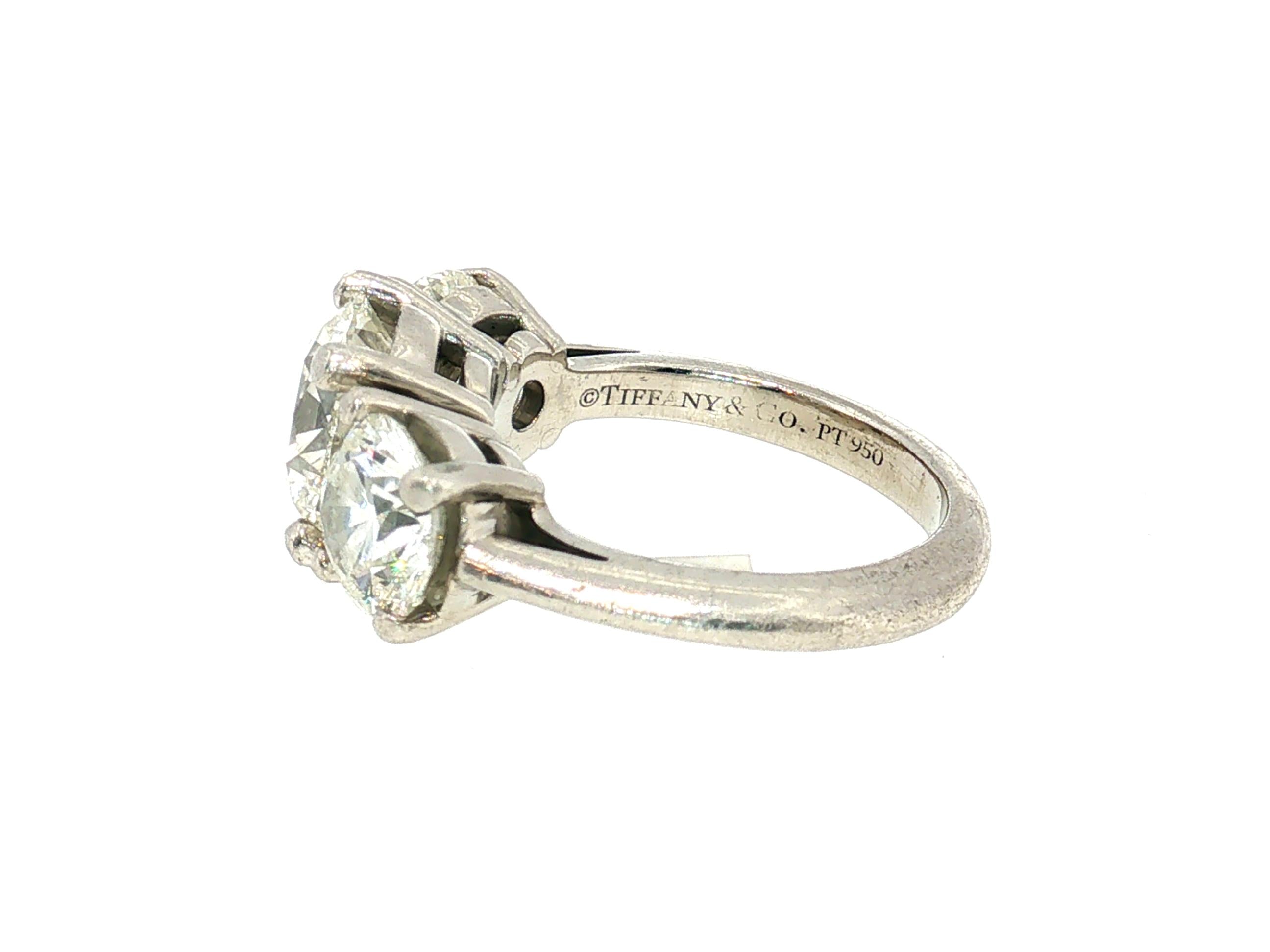 Tiffany & Co Platinum Three-Stone Ring with 4.56 Carat Round Diamonds Size 5