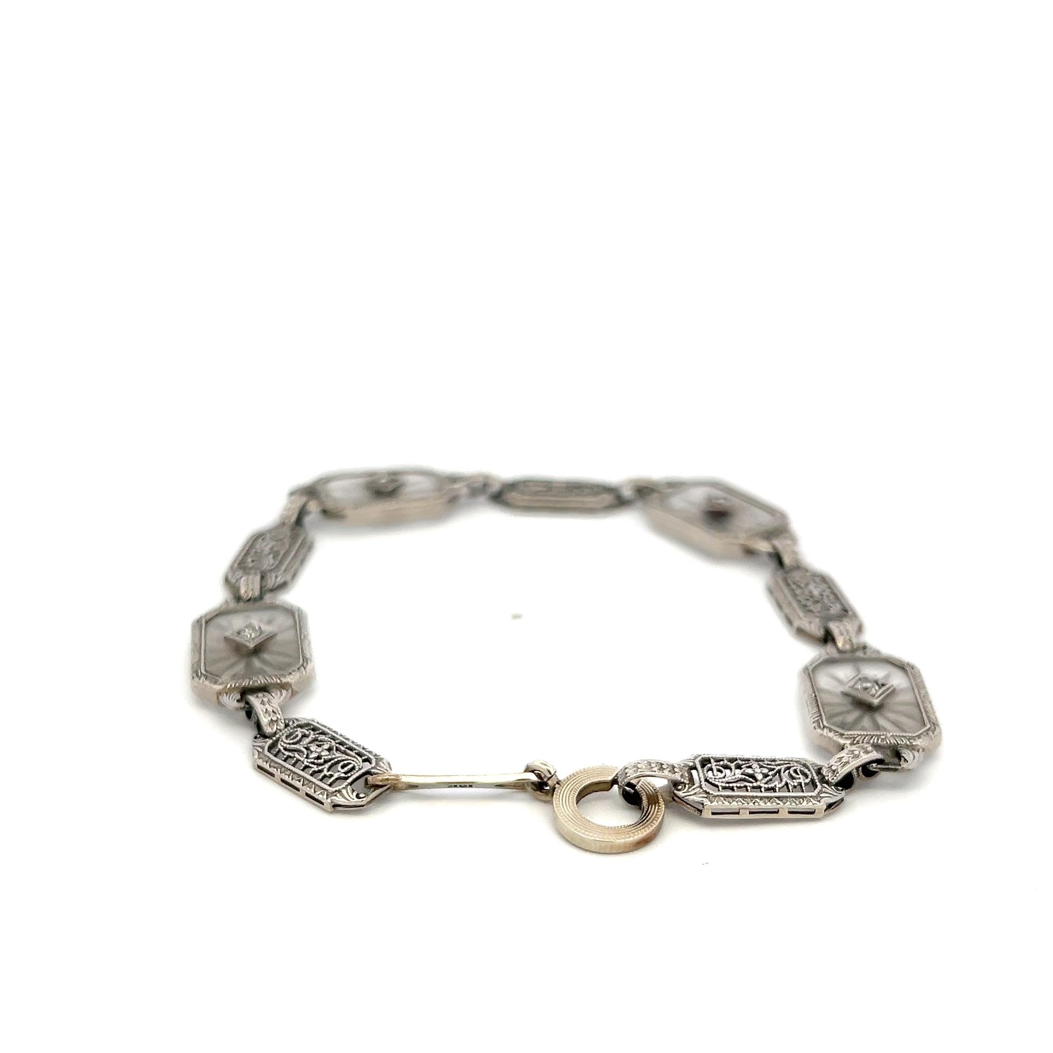 14K WG Filigree Bracelet with 0.12ct Old European I SI Diamond & 0.2ct Sapphire